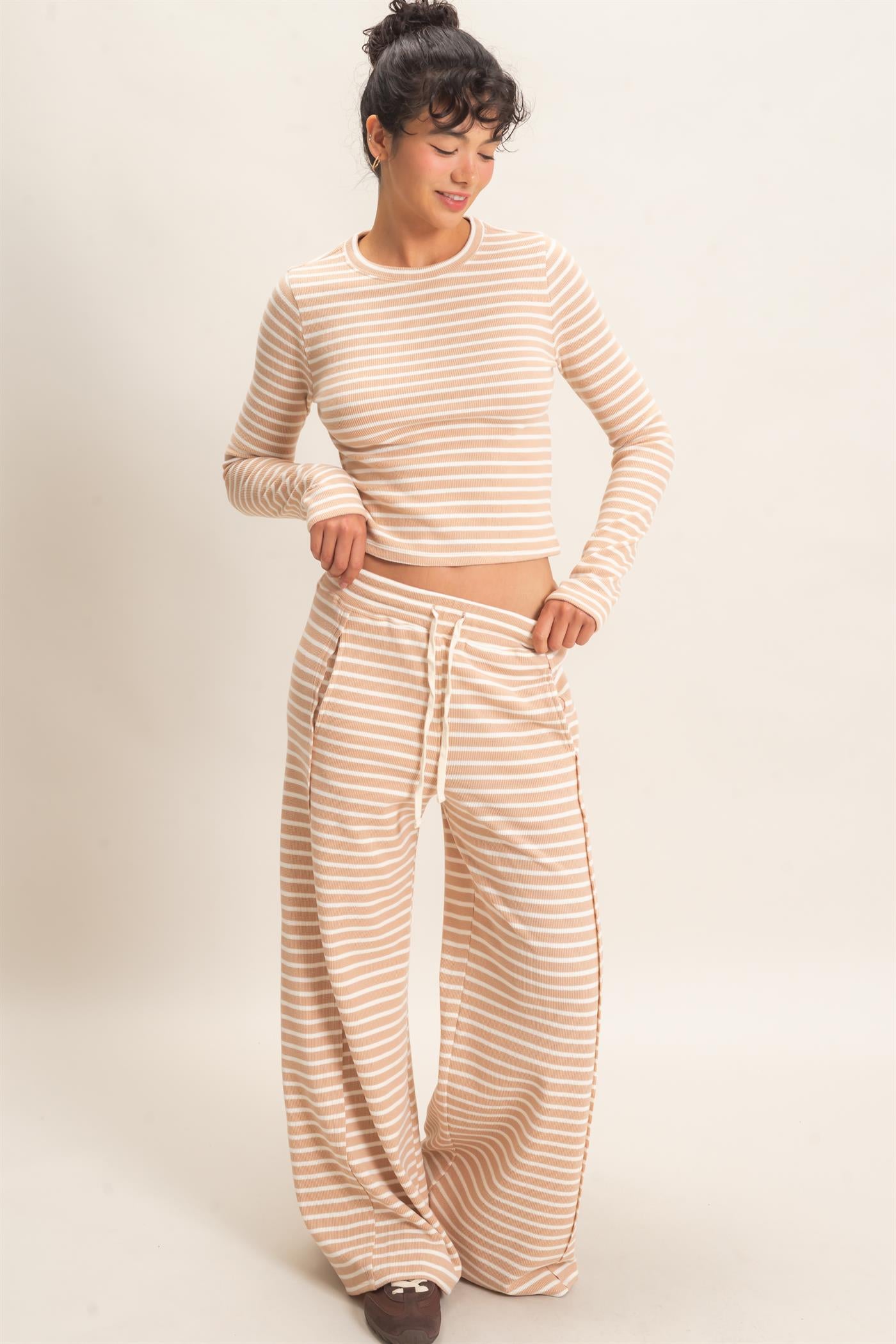 Wholesale Striped Waffle Long Sleeve Top & Pants Set Clothing DZ25F479-SET SAND DOUBLE ZERO