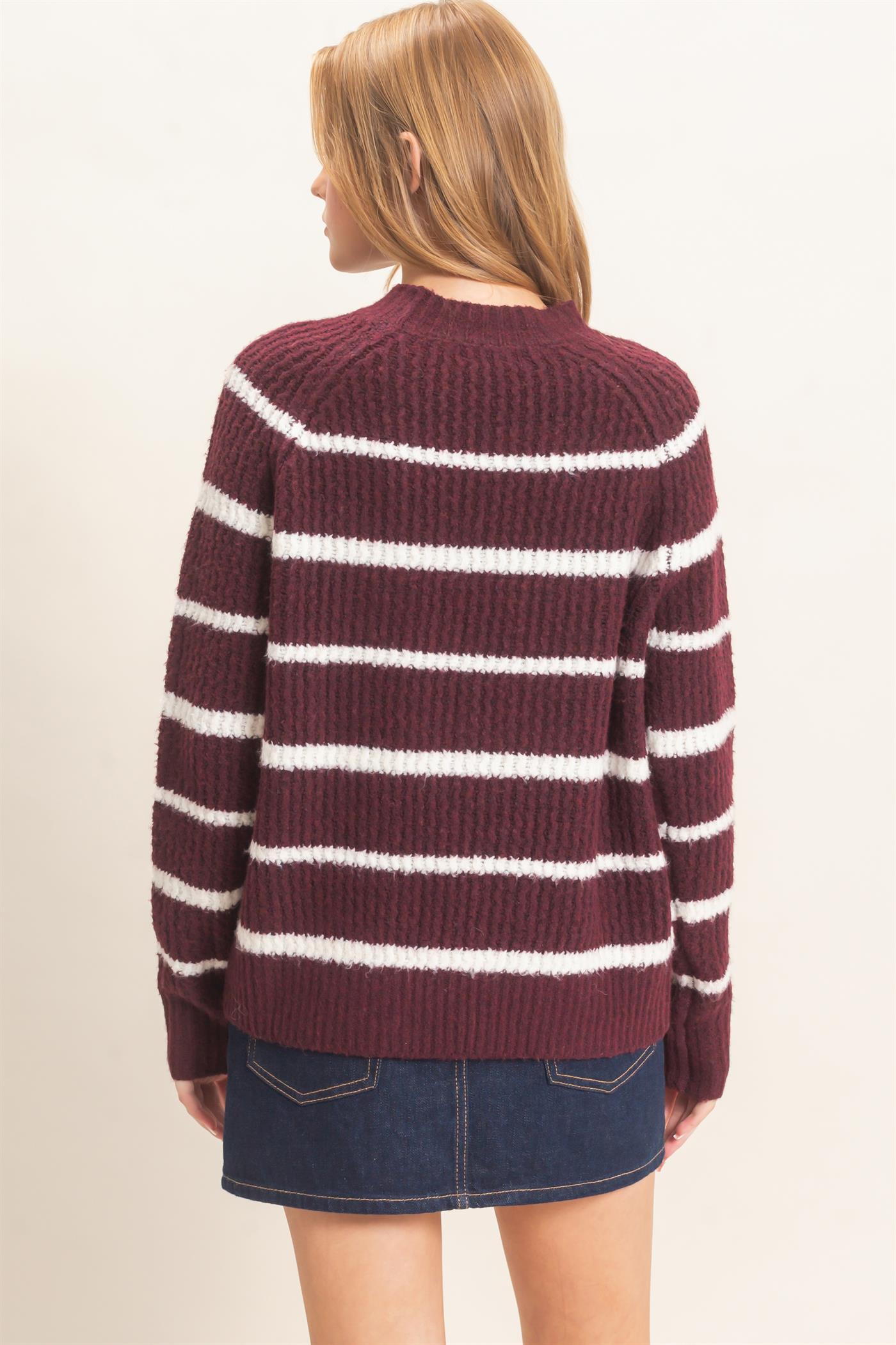 Wholesale Textured Striped Mock Neck Sweater Sweaters HF26E765 WINE HYFVE
