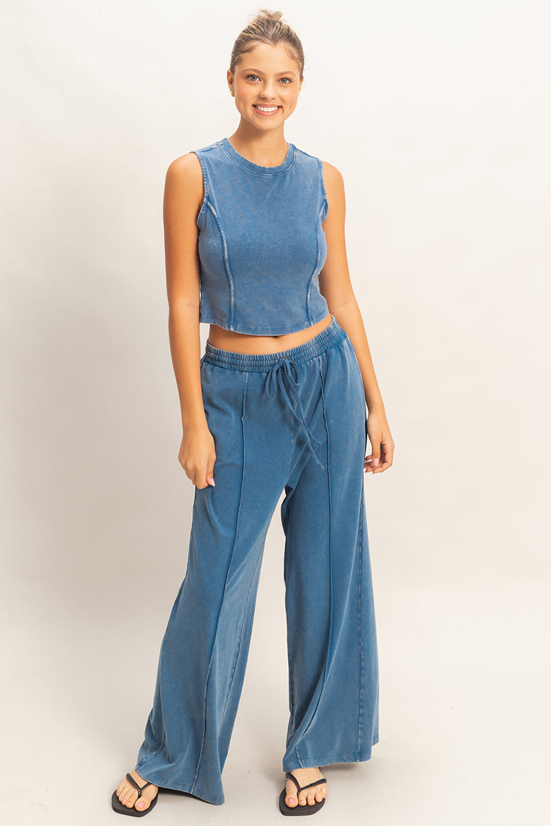 Wholesale Mineral Washed Sleeveless Top & Wide Leg Pants Set Clothing DZ26A371-SET NAVY DOUBLE ZERO