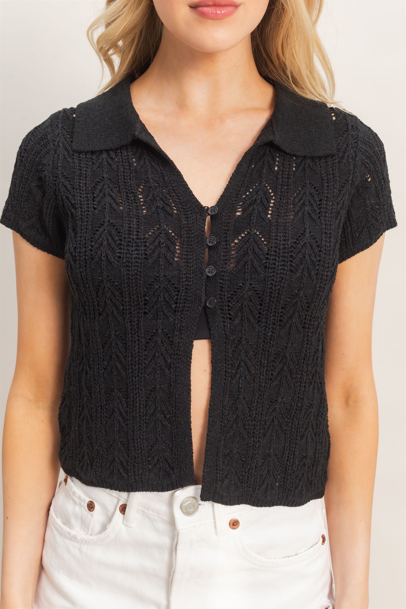 Wholesale Pointelle Knit Collared Cardigan Clothing Tops HF26A856 BLACK HYFVE