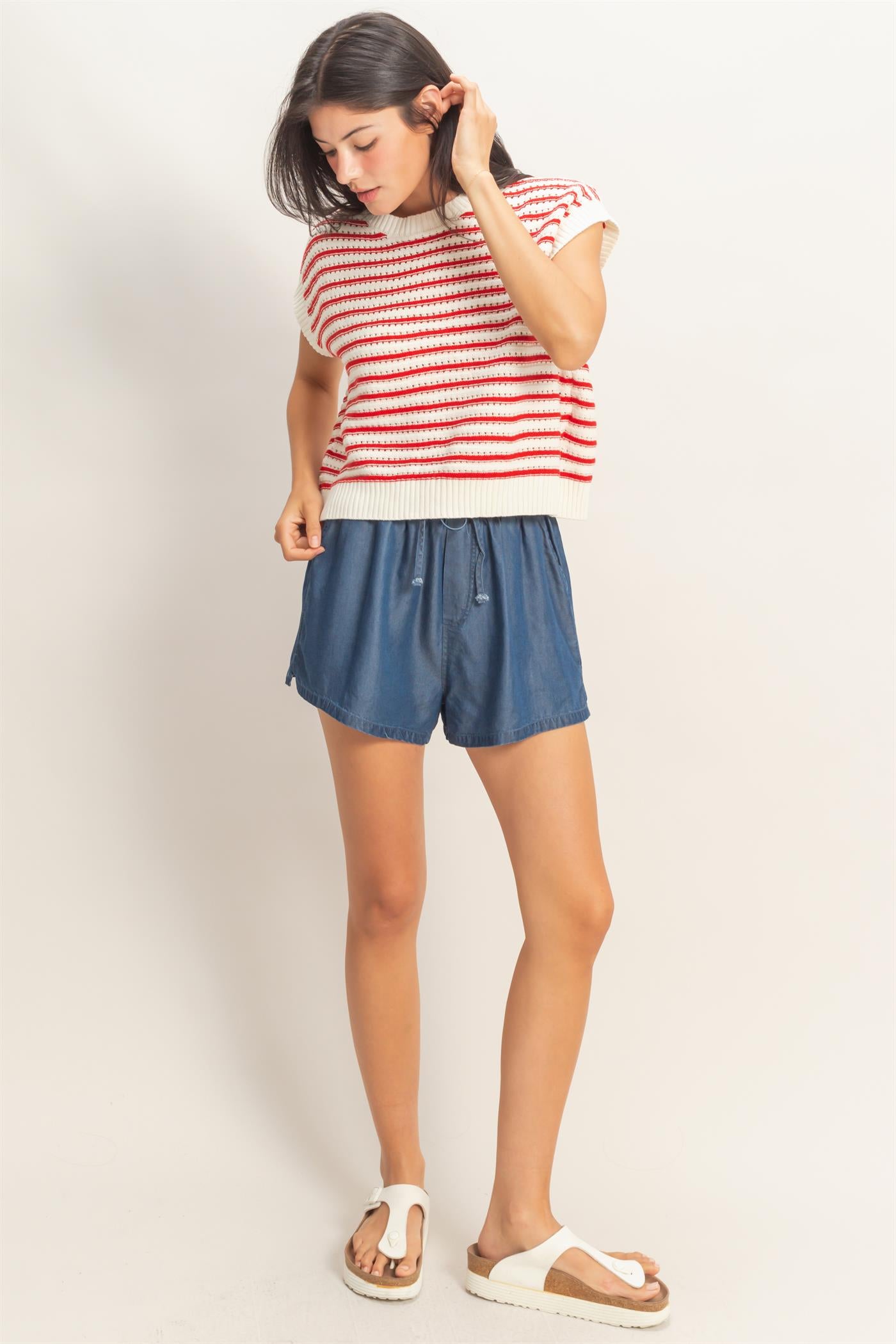 Wholesale Striped Sleeveless Crew Neck Top Sweaters DZ26A222 RED DOUBLE ZERO