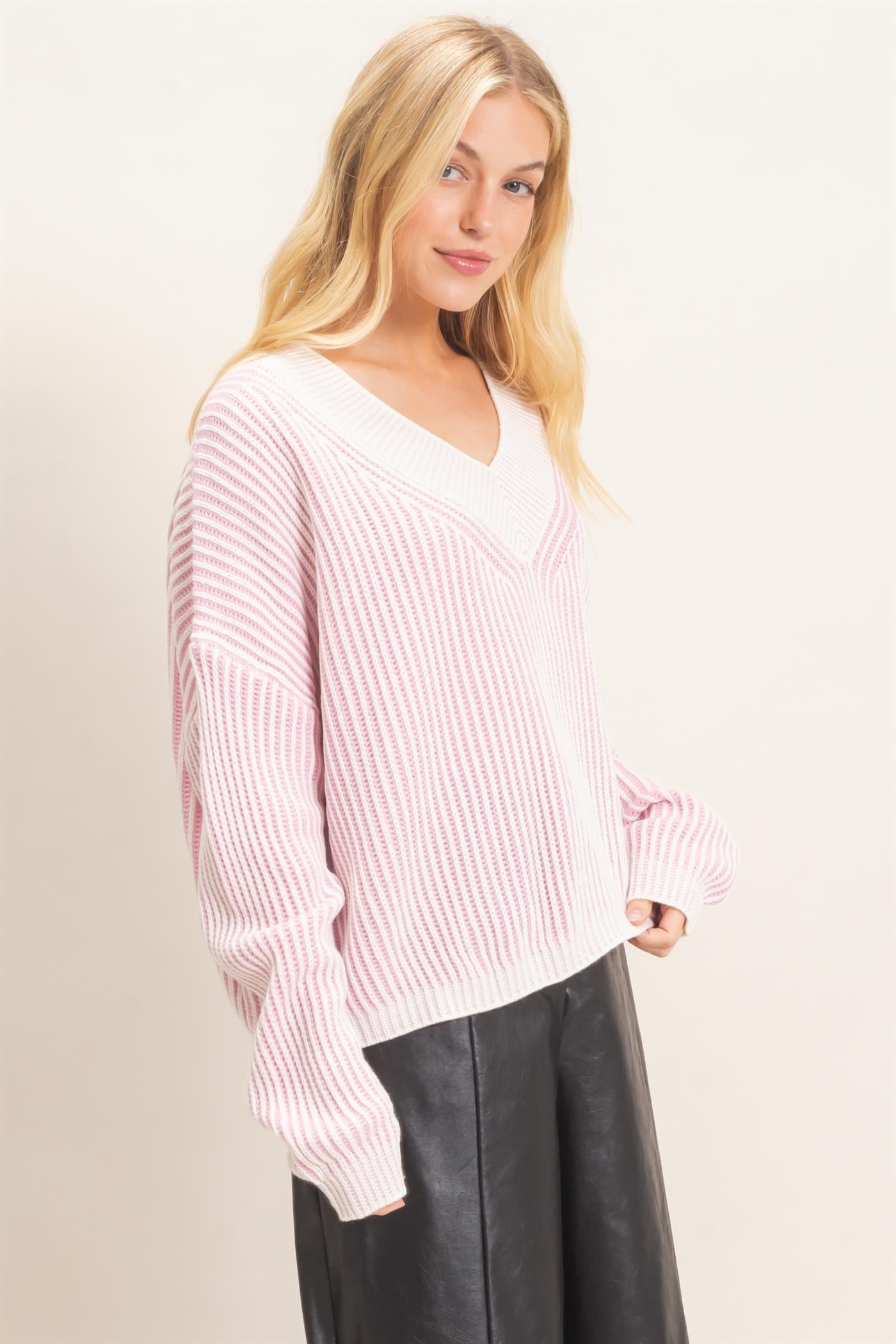 Wholesale Striped V-Neck Ribbed Sweater Sweaters HF26F202 PINK HYFVE