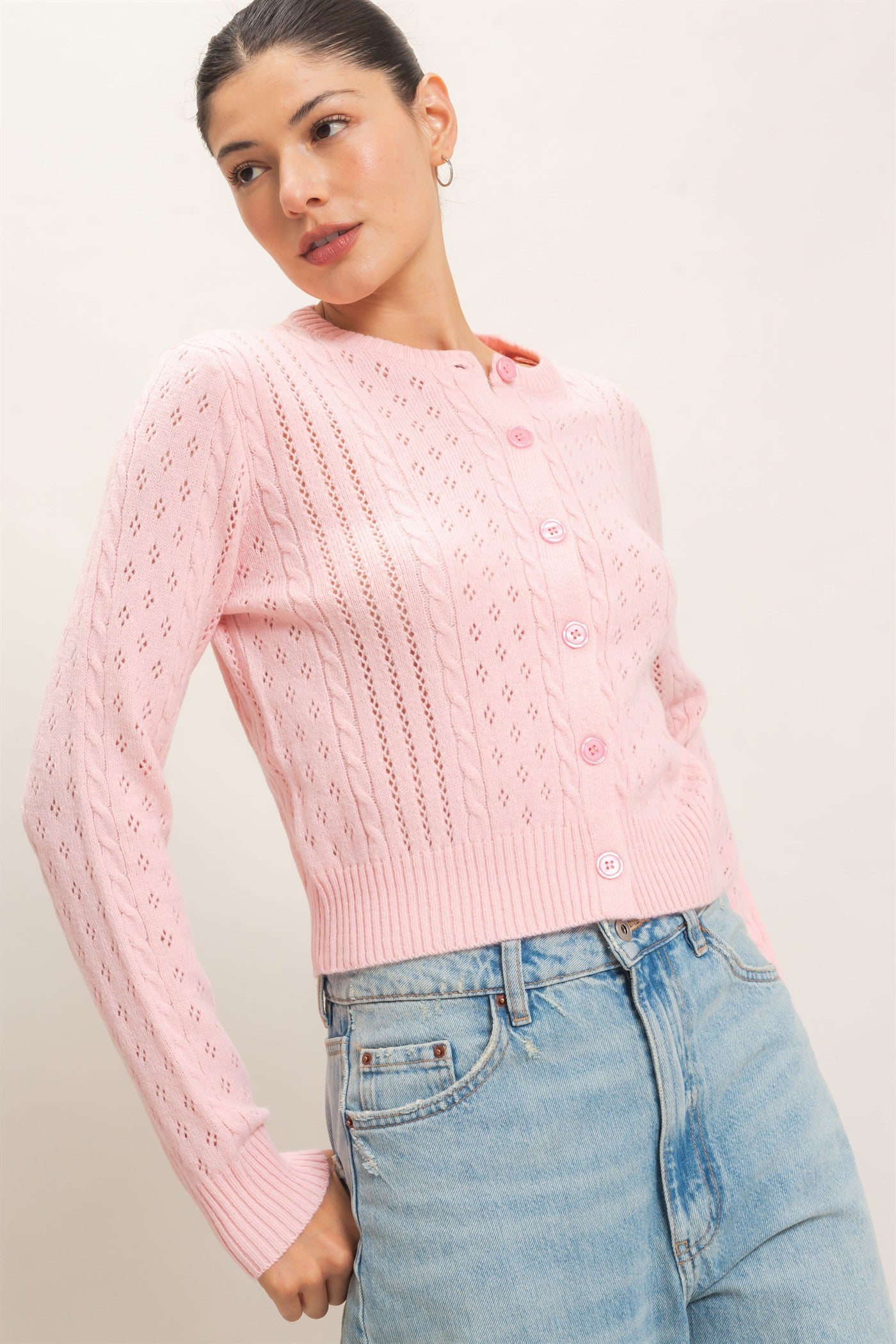 Wholesale Cable Knit Cardigan Cardigans HF26E150 PINK HYFVE