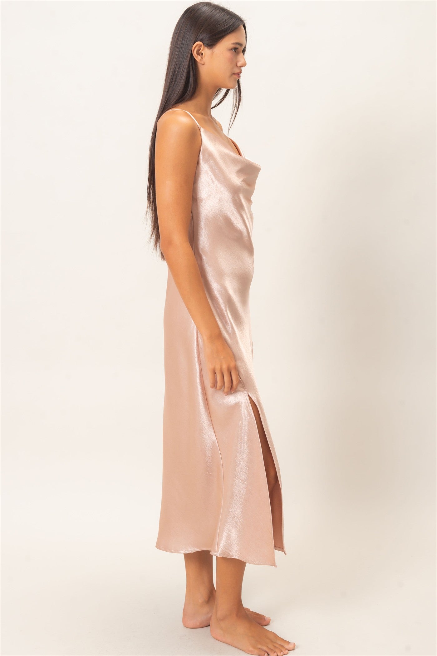 Wholesale Cowl Neck Satin Slip Dress Dresses DZ26E251 DARK TAUPE DOUBLE ZERO