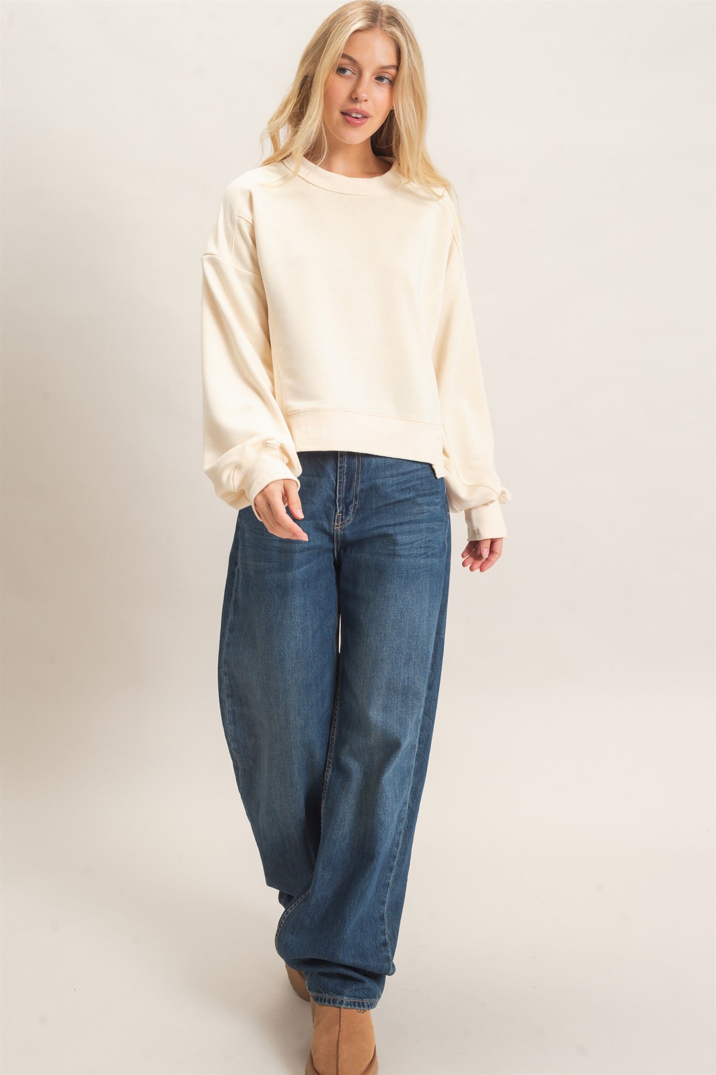 Wholesale Ribbed Crew Neck Sweatshirt Sweatshirts HF26F087 CREAM HYFVE