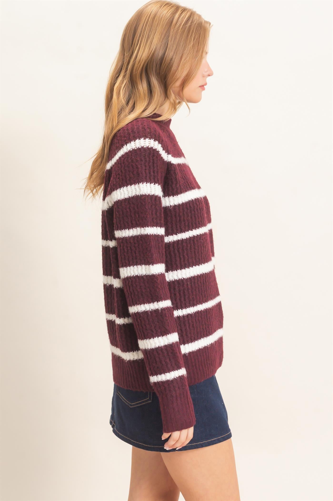 Wholesale Textured Striped Mock Neck Sweater Sweaters HF26E765 WINE HYFVE