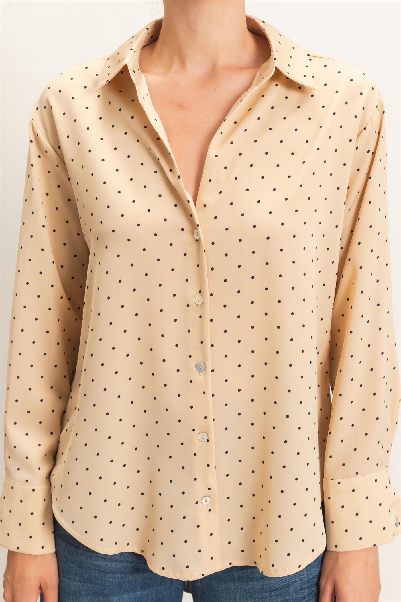 Wholesale Button-Up Polka Dot Shirt Shirts HF26F401 BEIGE HYFVE