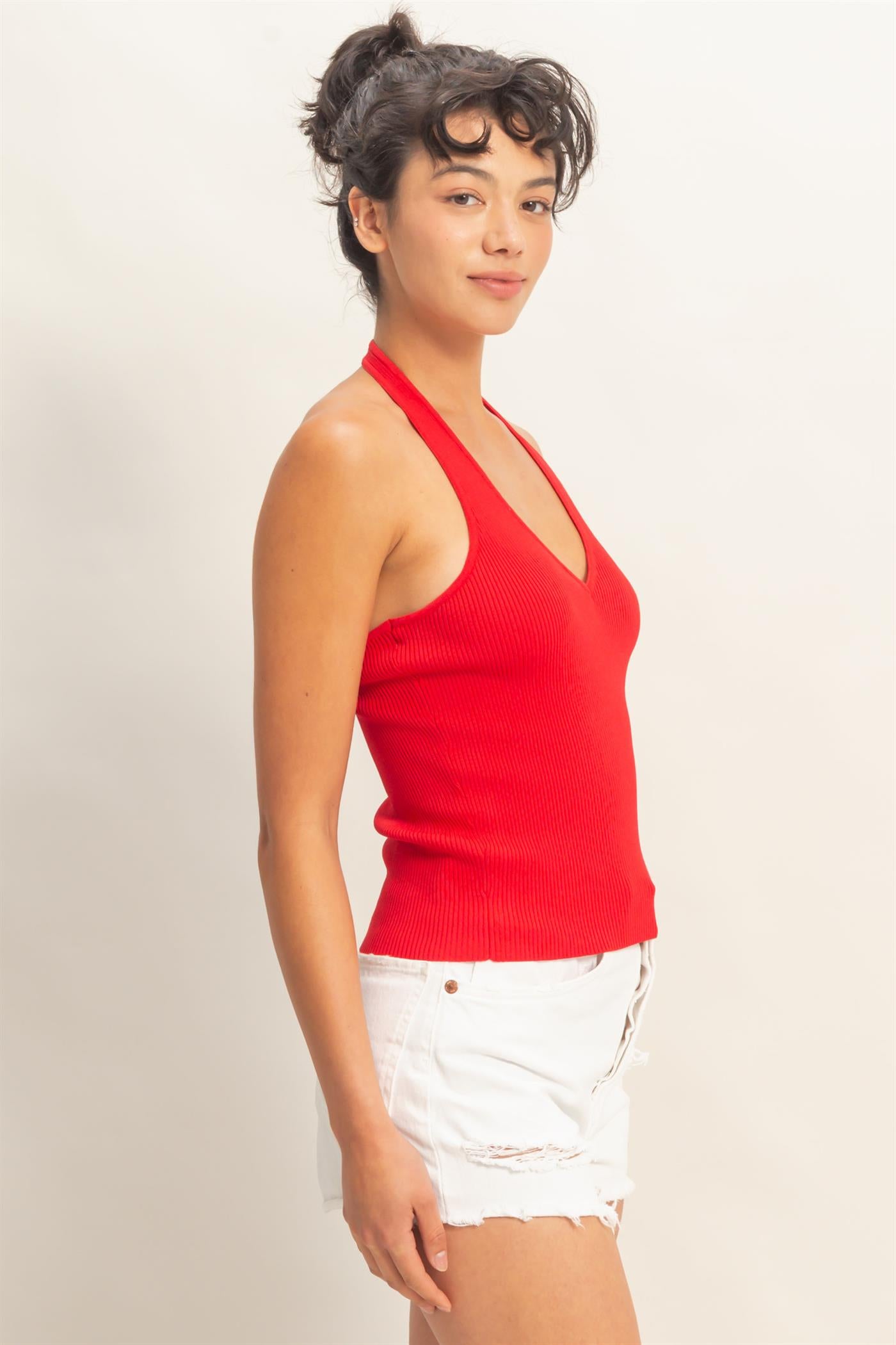 Wholesale Ribbed Halter Neck Top Clothing Tops DZ26C628 RED DOUBLE ZERO
