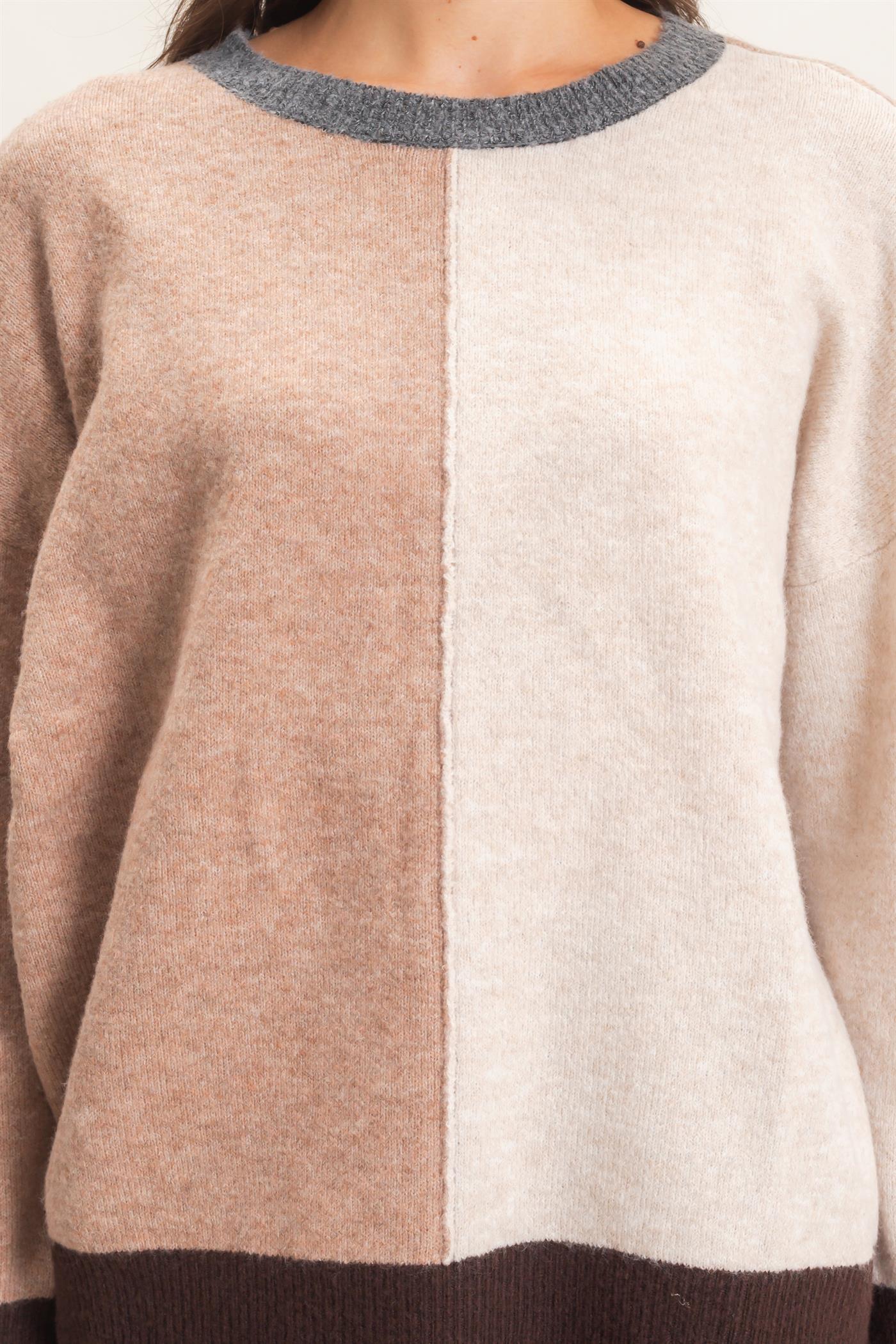 Wholesale Colorblock Crew Neck Sweater Sweaters HF26E151 BROWN HYFVE