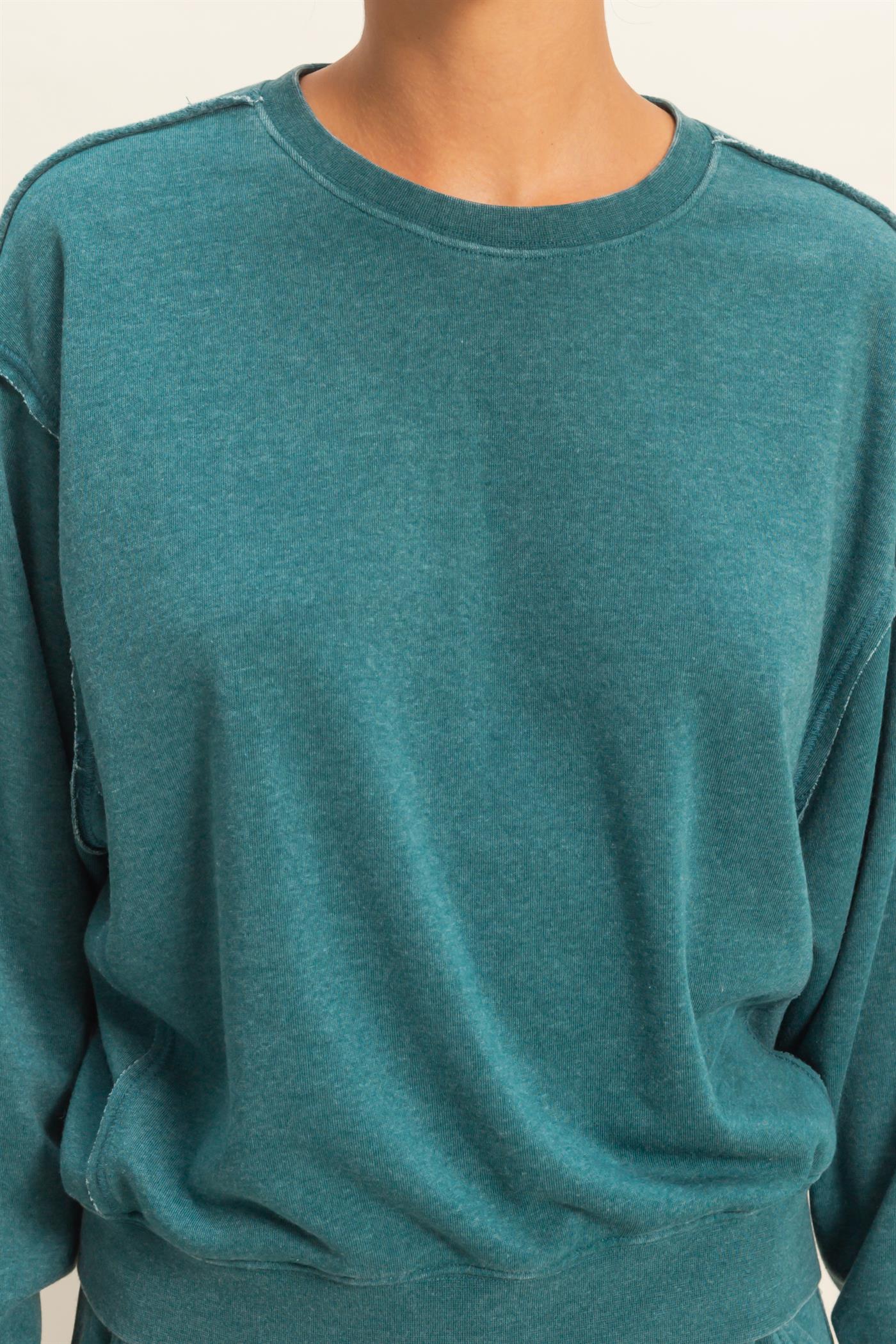 Wholesale Raw Edge Detail Burnout Sweatshirt Sweatshirts DZ26A048 DARK TEAL DOUBLE ZERO