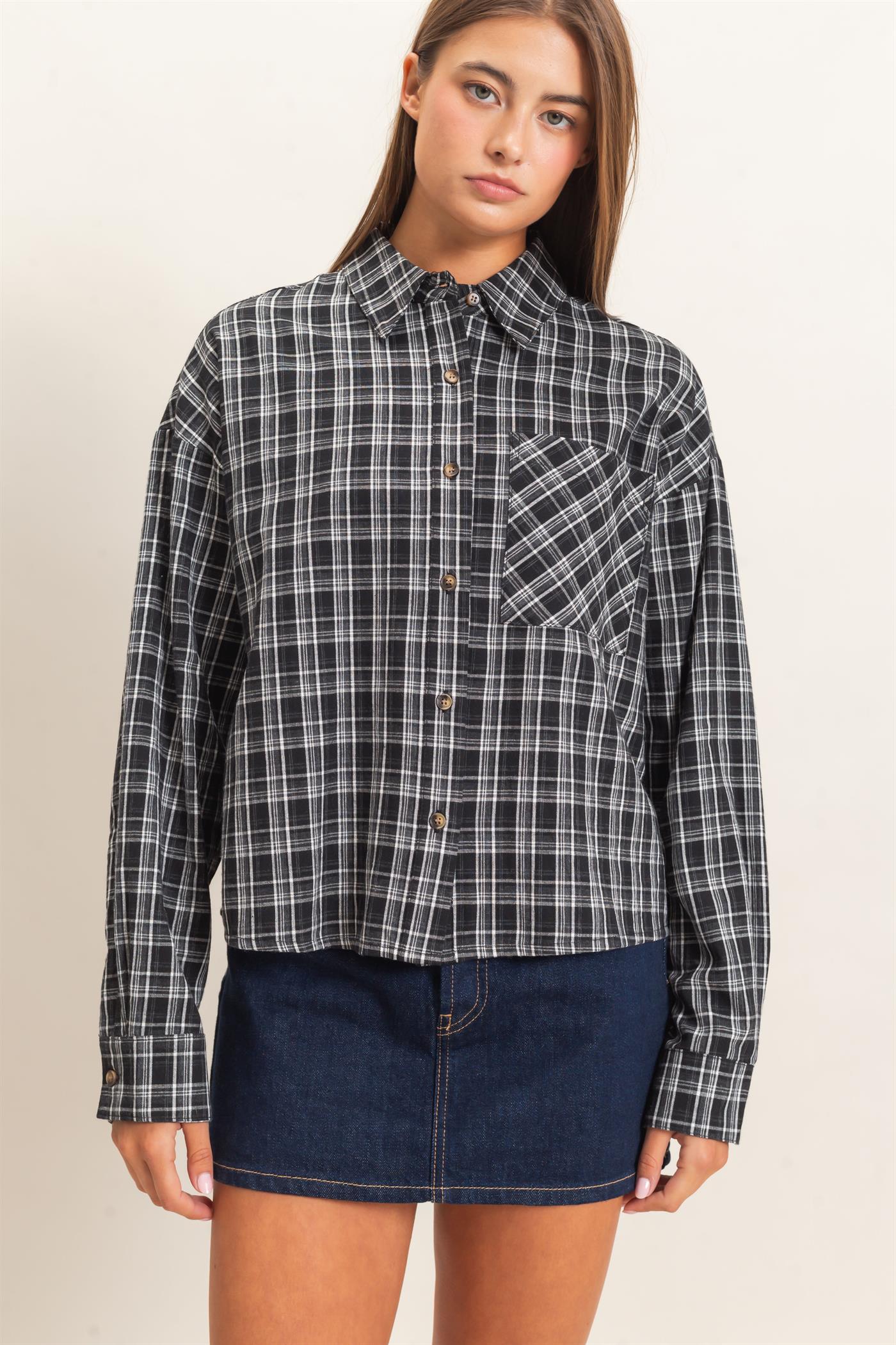 Wholesale Plaid Button-Up Shirt Clothing Tops DZ26E395 BLACK DOUBLE ZERO