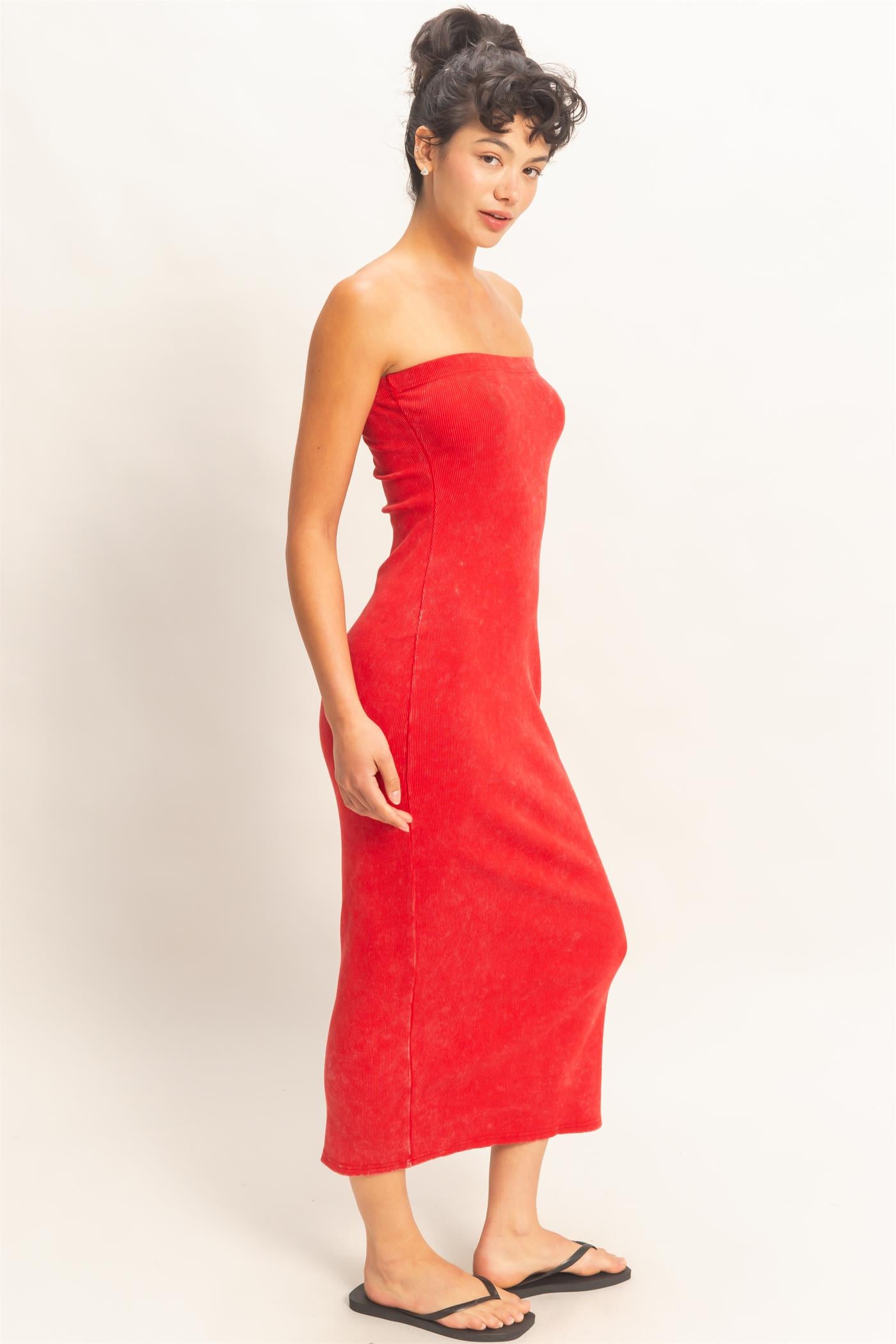 Wholesale Acid Washed Ribbed Midi Tube Dress Dresses DZ26C620 RED DOUBLE ZERO