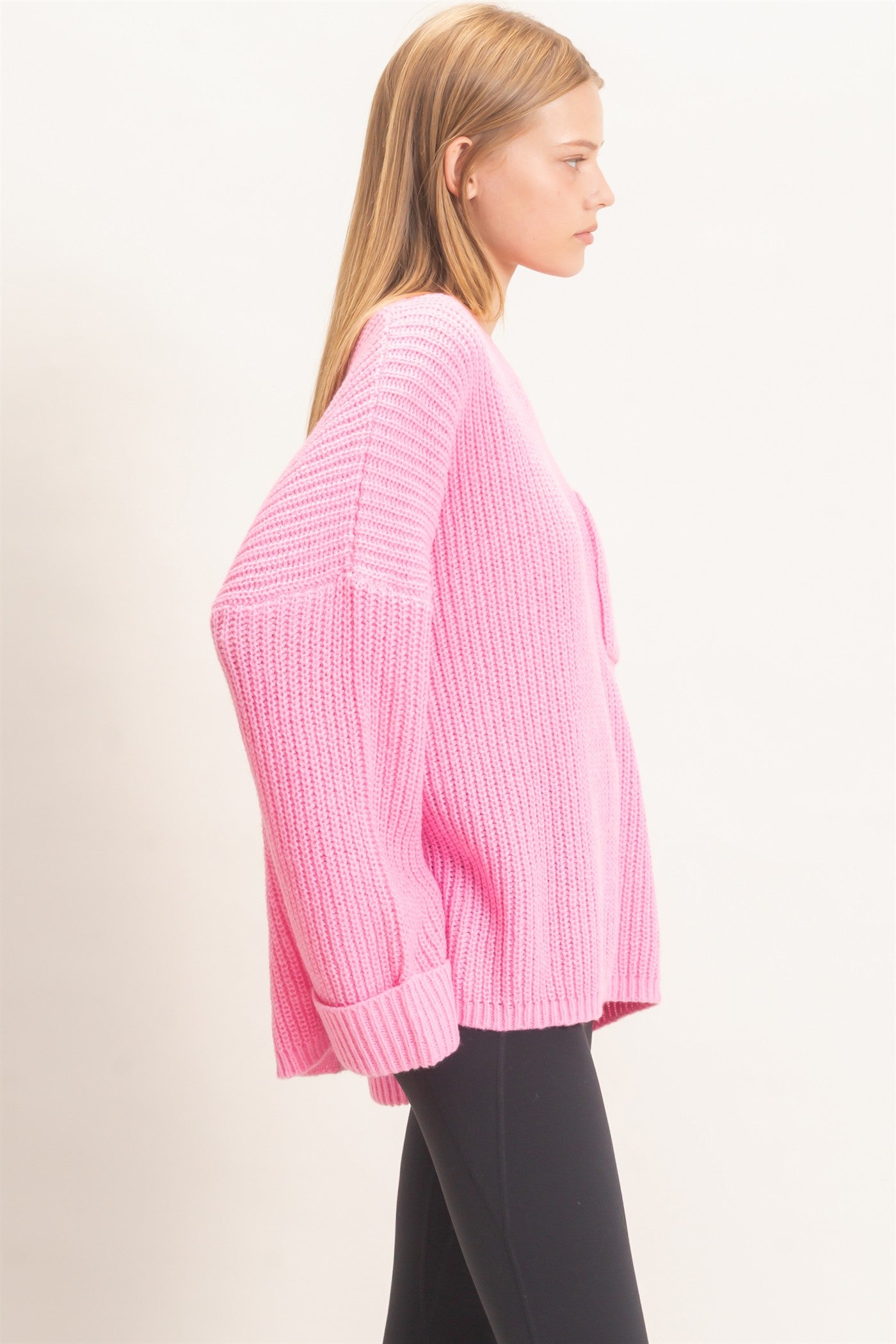 Wholesale Ribbed Knit Patch Pocket Sweater Sweaters HF26F177 PINK HYFVE