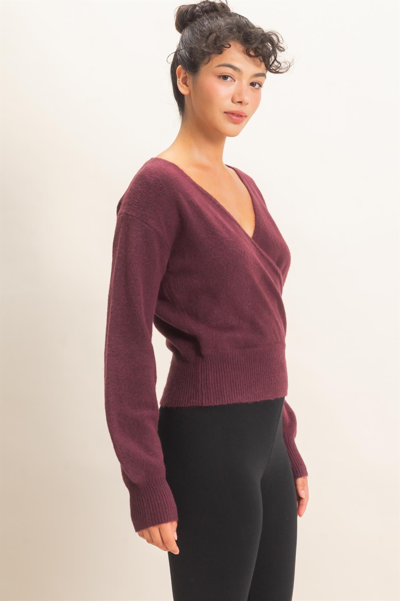 Wholesale Wrap V Neck Sweater Sweaters DZ26E948 DARK CHERRY DOUBLE ZERO