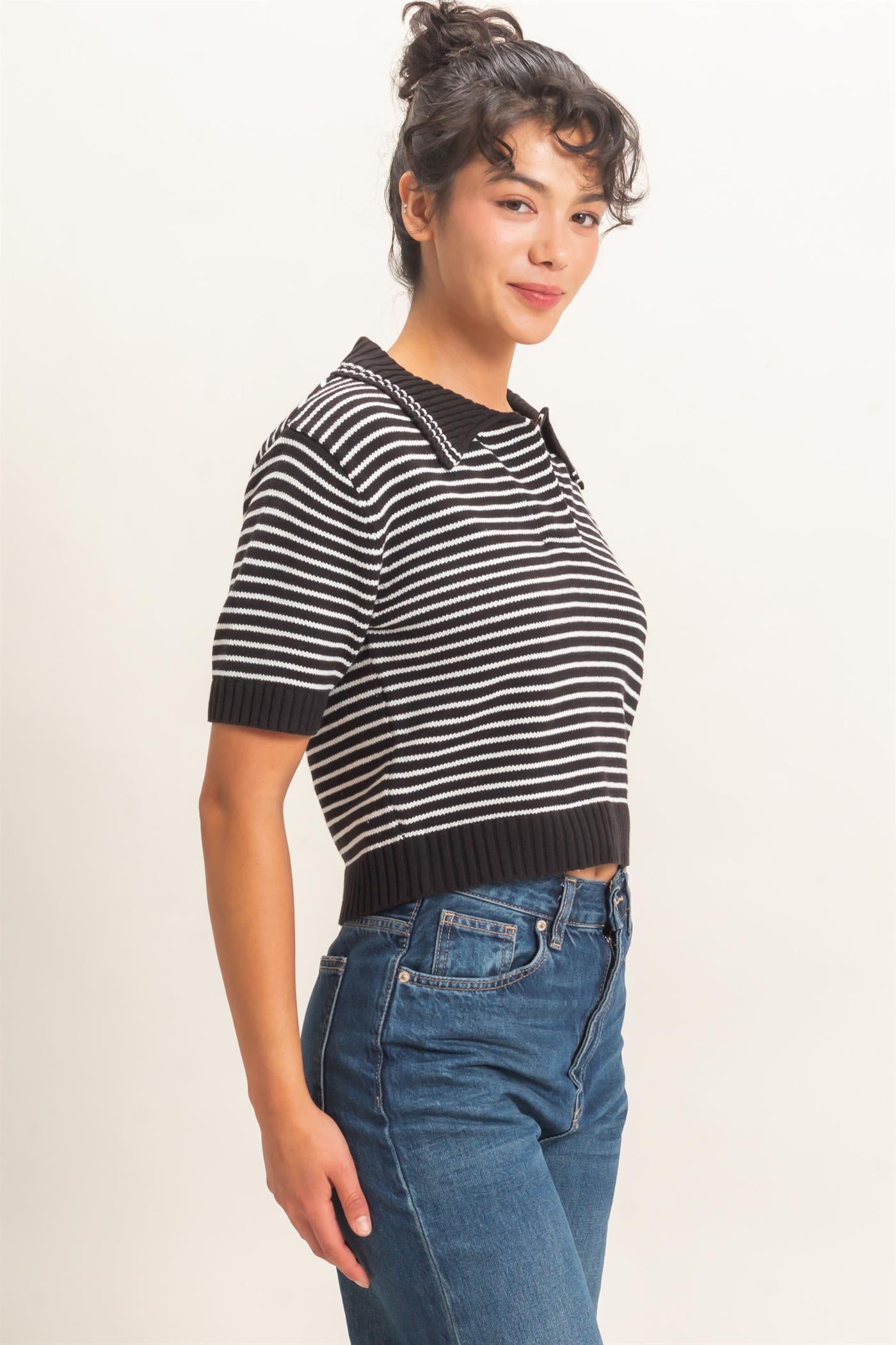 Wholesale Striped Short Sleeve Collar Knit Top Clothing Tops DZ26E261 BLACK DOUBLE ZERO