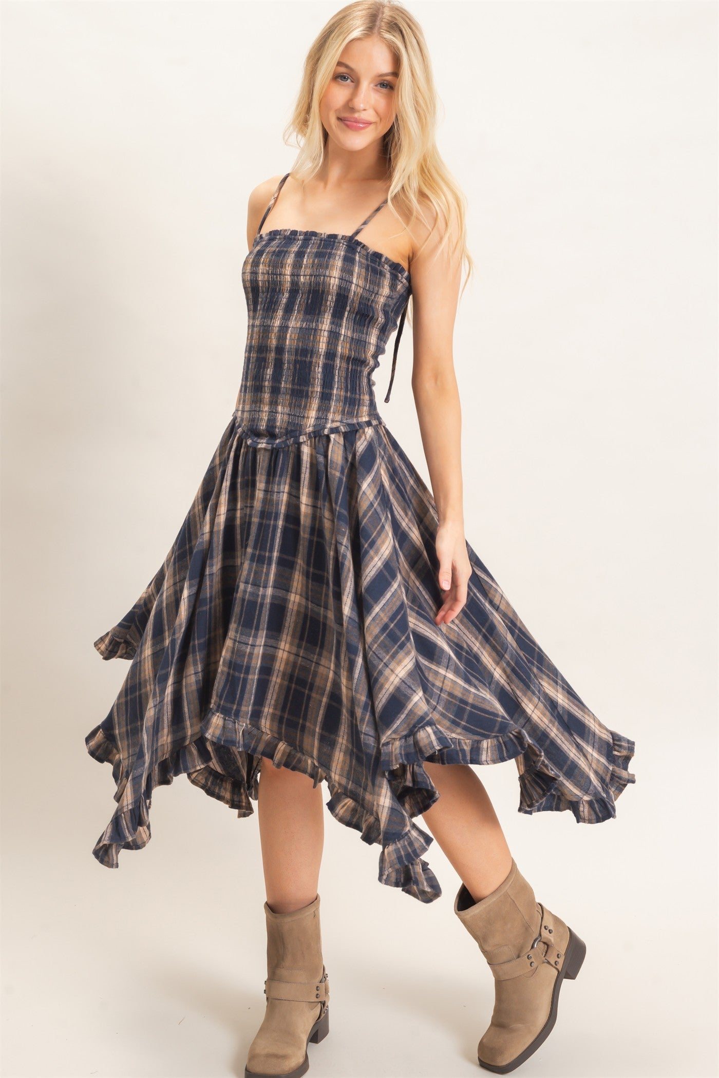 Wholesale Plaid Smocked Spaghetti Strap Dress Dresses HF26F211 NAVY HYFVE