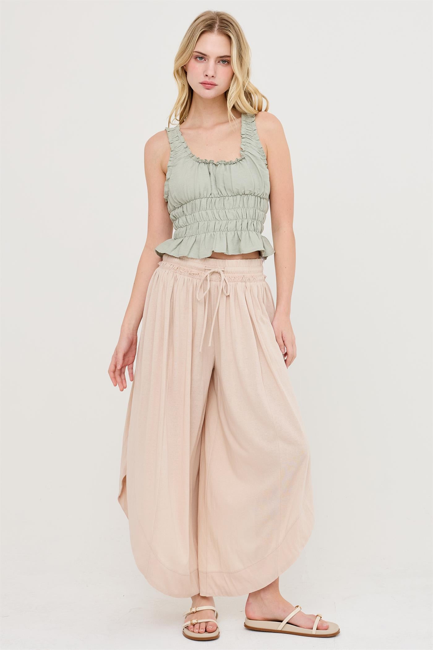 Wholesale Ruched Square Neck Smocked Top Clothing Tops HF26E388-D SAGE HYFVE