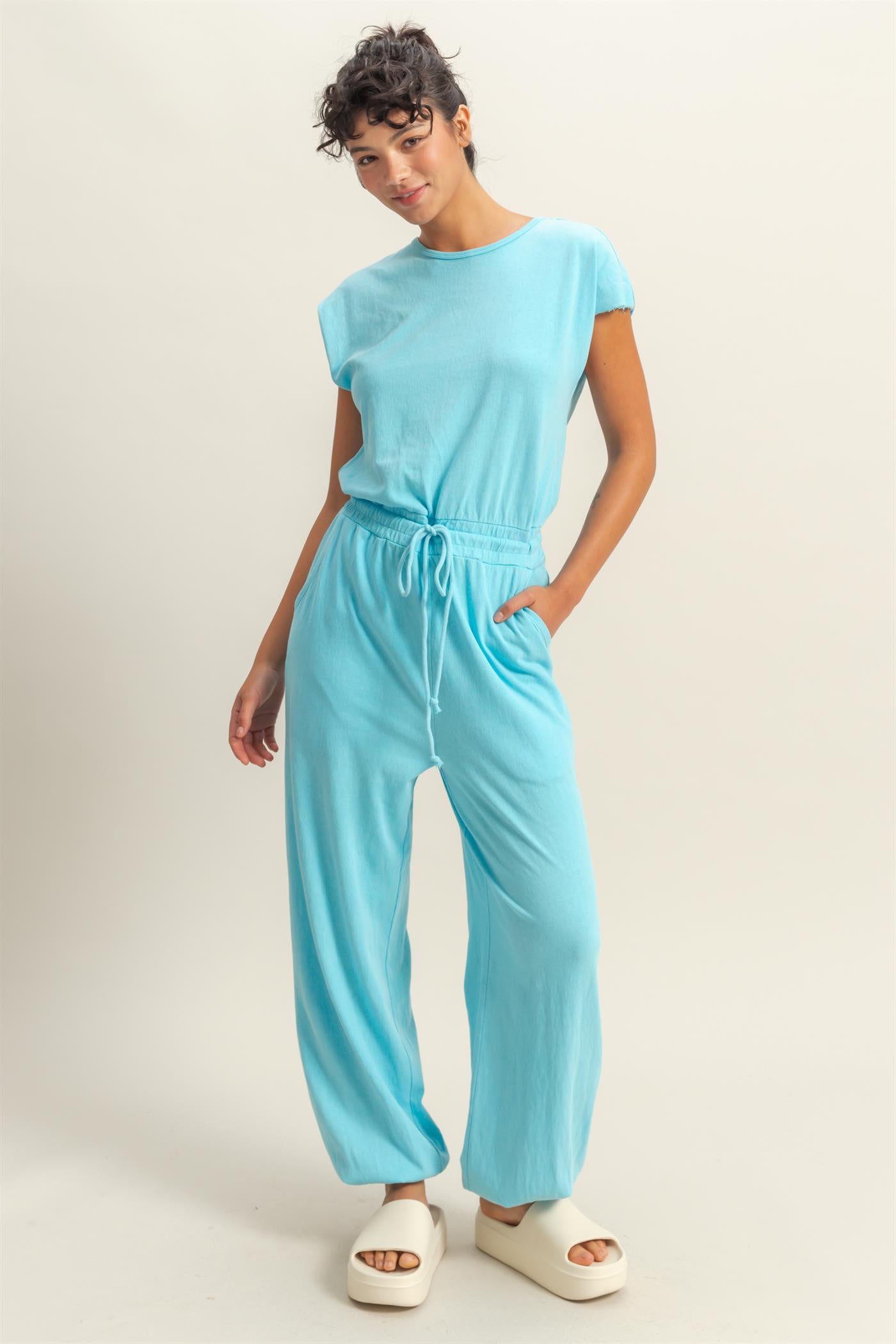 Wholesale Short Sleeve Casual Jumpsuit Clothing DZ24C619 AQUA BLUE DOUBLE ZERO