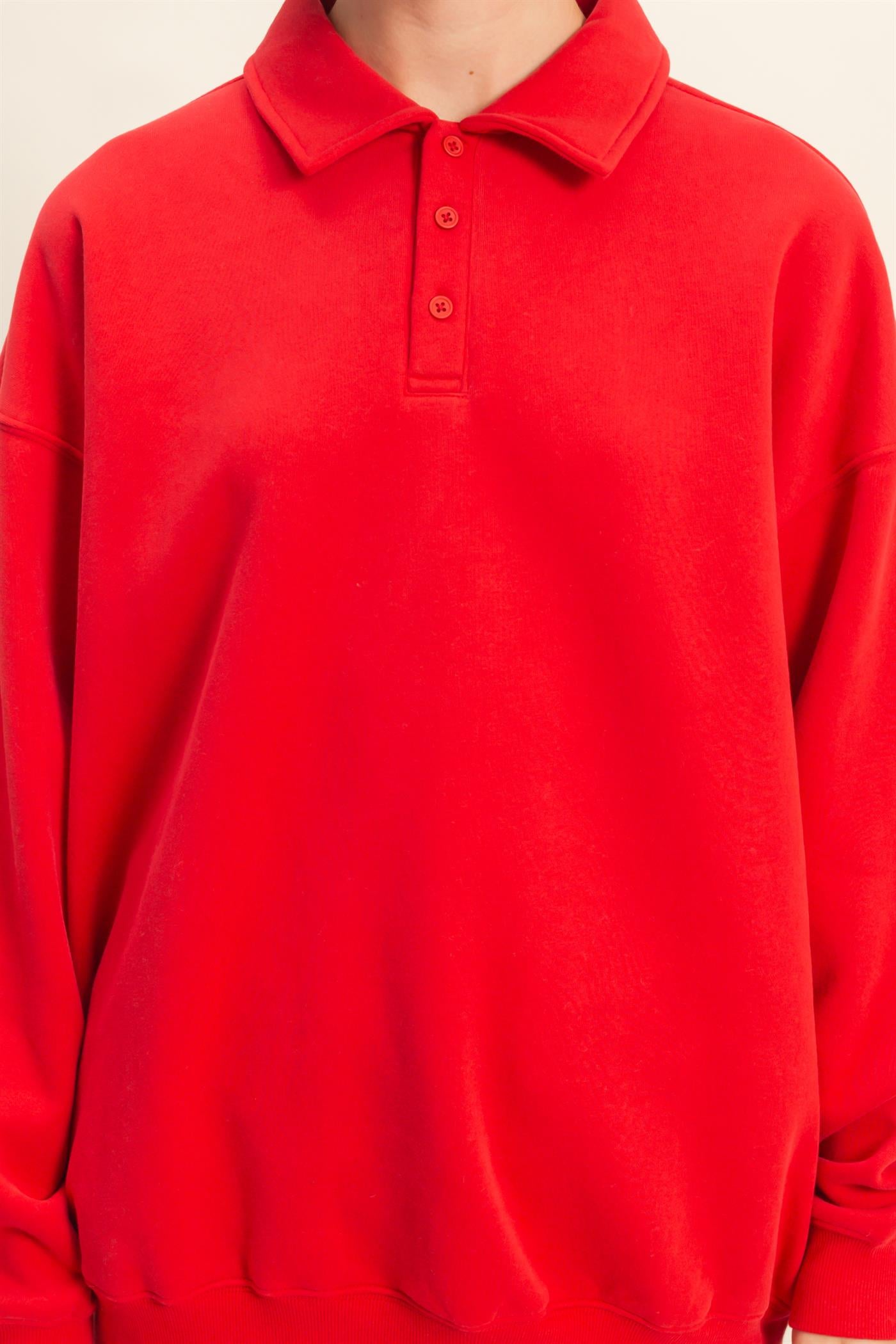 Wholesale Oversized Polo Collared Pullover Sweatshirts DZ25F074 RED DOUBLE ZERO