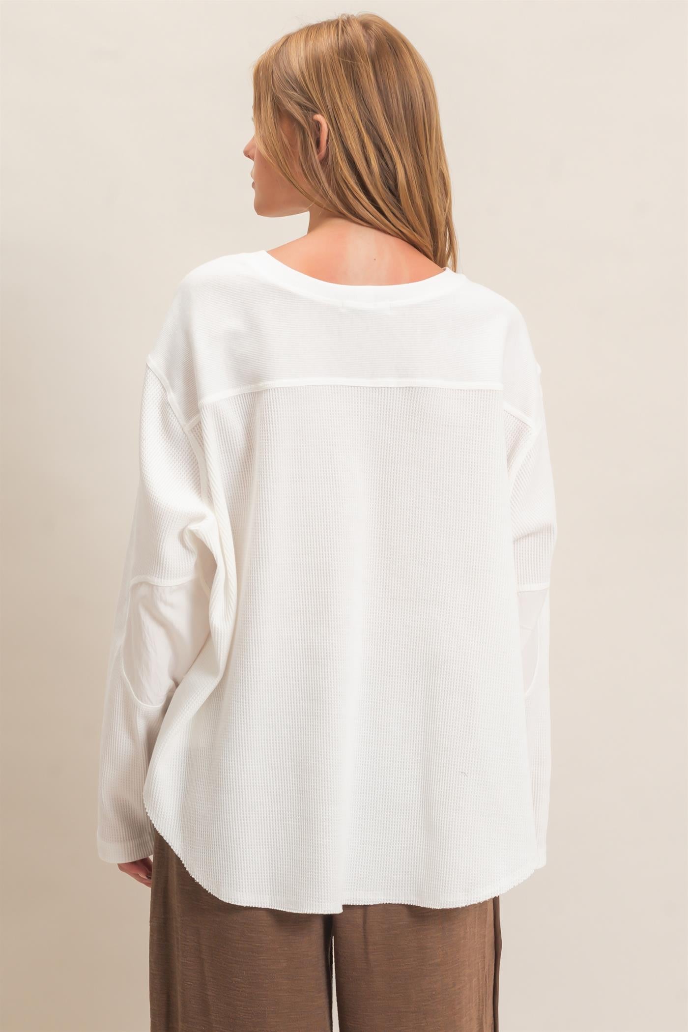 Wholesale Waffle Knit Crew Neck Top Clothing Tops HF26E078 OFF WHITE HYFVE