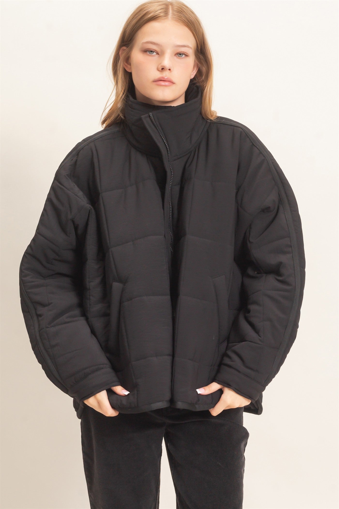 Wholesale Quilted Mock Neck Zip-Up Puffer Jacket Coats & Jackets HF26C865 BLACK HYFVE