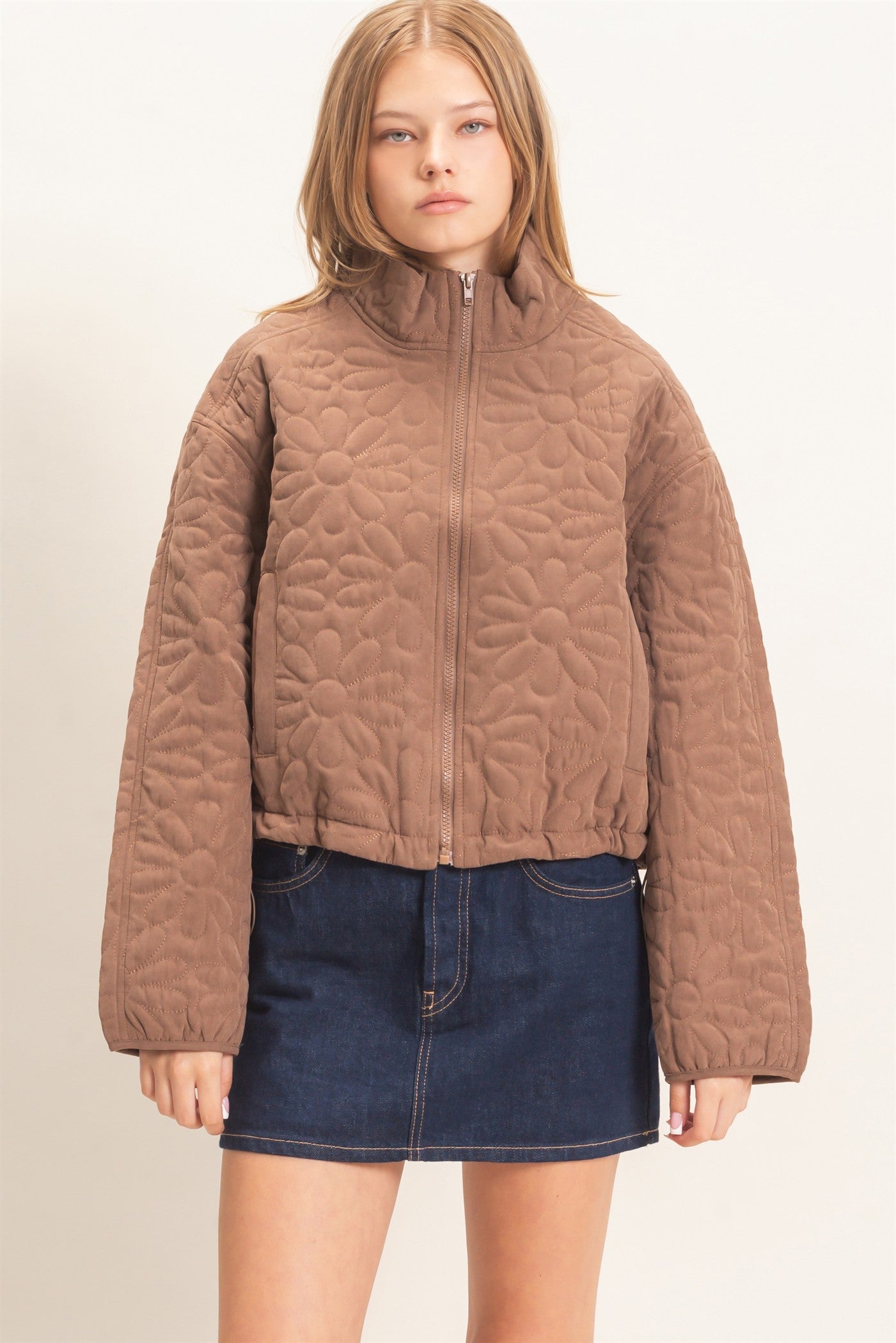 Wholesale Daisy Quilted Mock Neck Jacket Coats & Jackets HF26C821 BROWN HYFVE