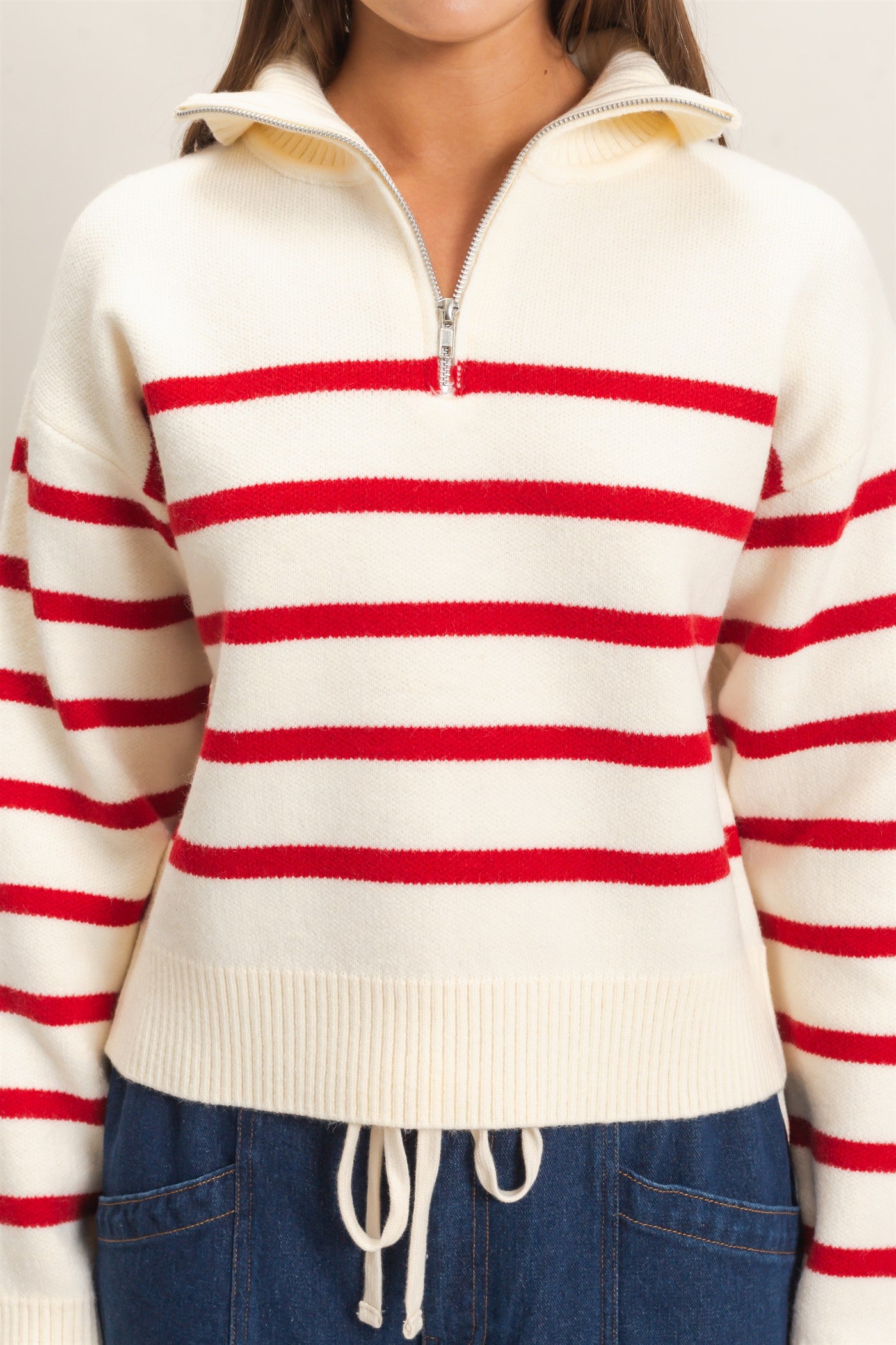 Wholesale Half-Zip Collared Stripe Sweater Sweaters DZ26E950 RED DOUBLE ZERO