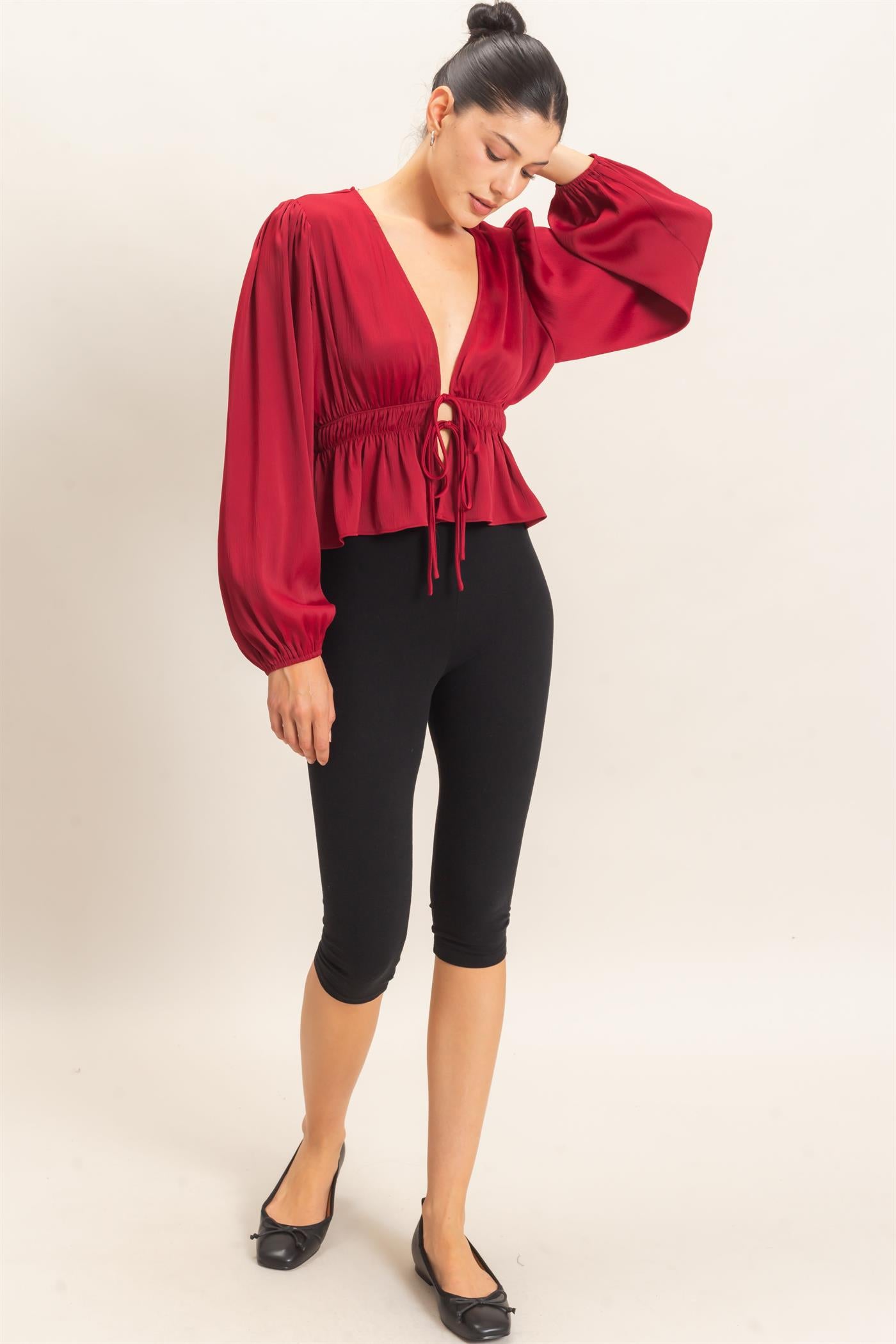 Wholesale Plunging Tie-Front Blouse Blouses HF26F082 BURGUNDY HYFVE