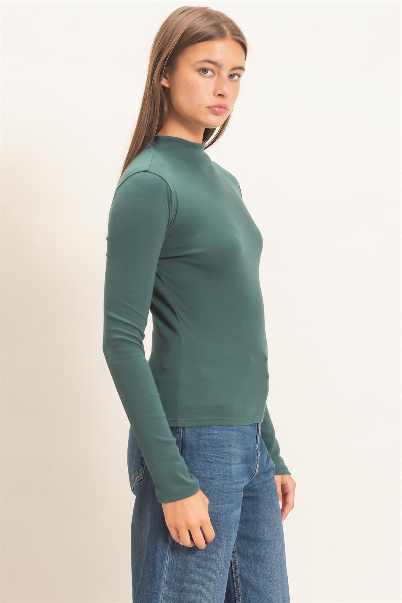 Wholesale Mock Neck Long Sleeve Top Clothing Tops DZ26F281 DARK GREEN DOUBLE ZERO