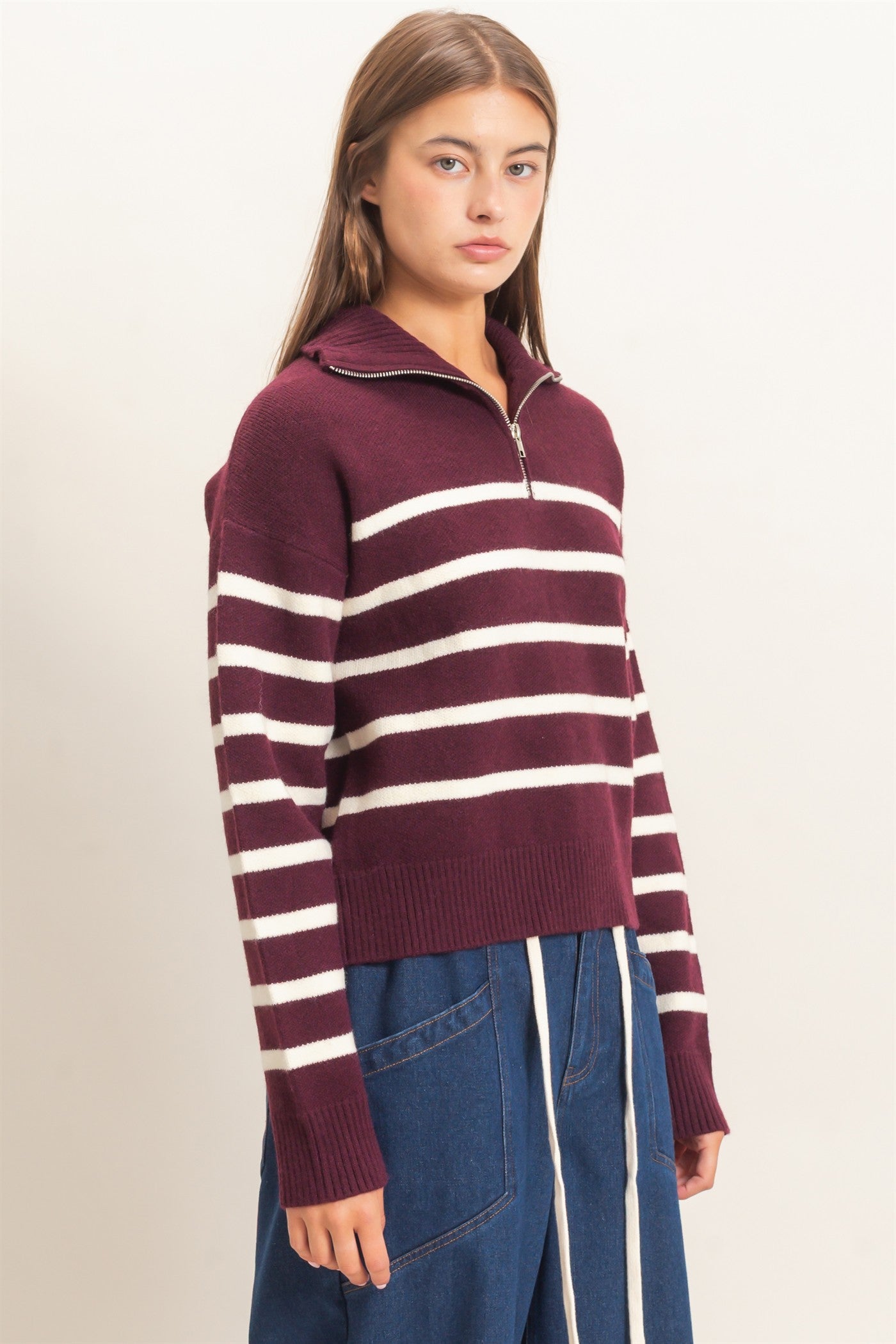 Wholesale Half-Zip Collared Stripe Sweater Sweaters DZ26E950 DARK CHERRY DOUBLE ZERO
