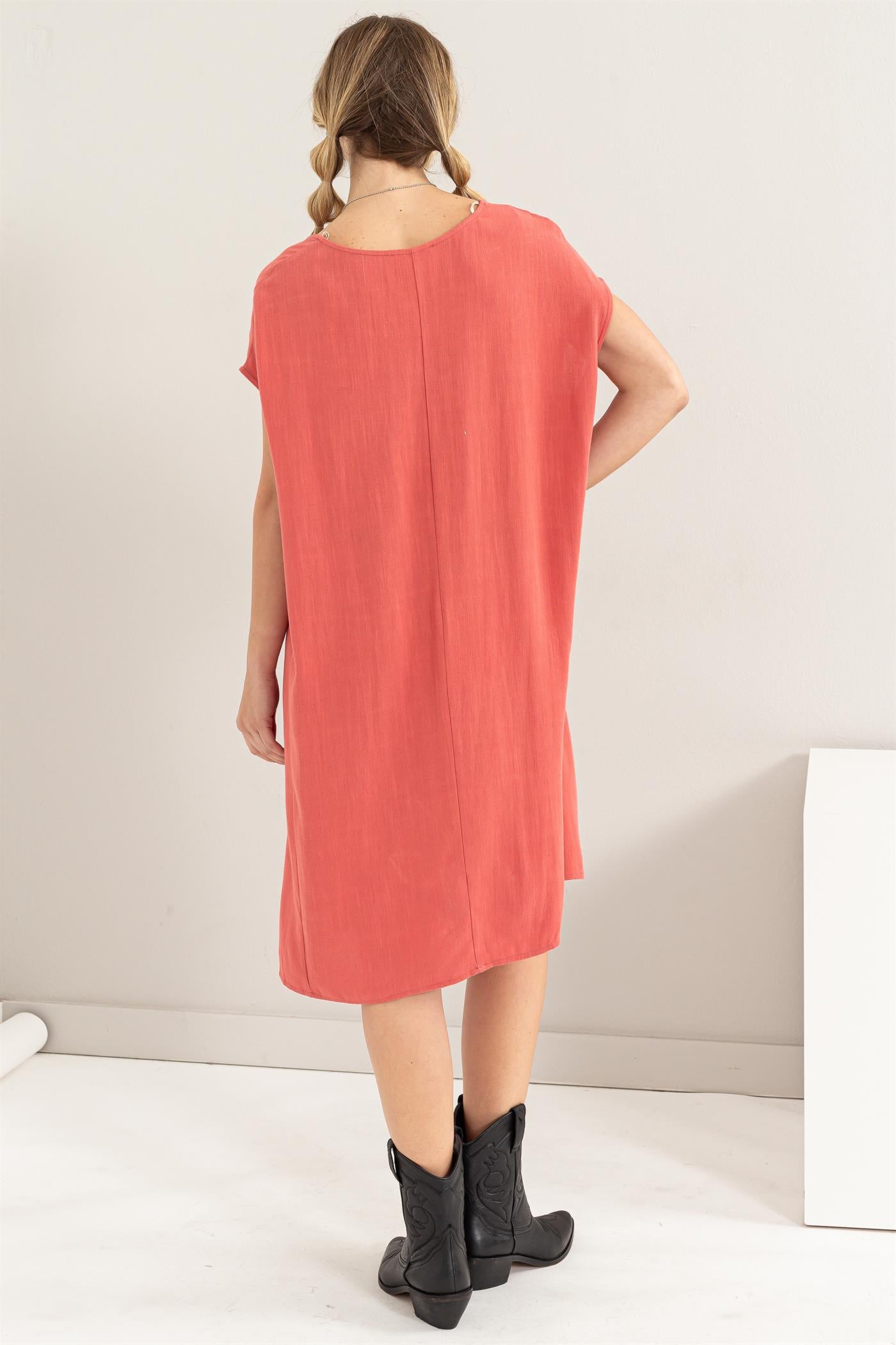 Wholesale V-Neck Oversized Linen Midi Dress Dresses DZ23E033-D BRICK DOUBLE ZERO