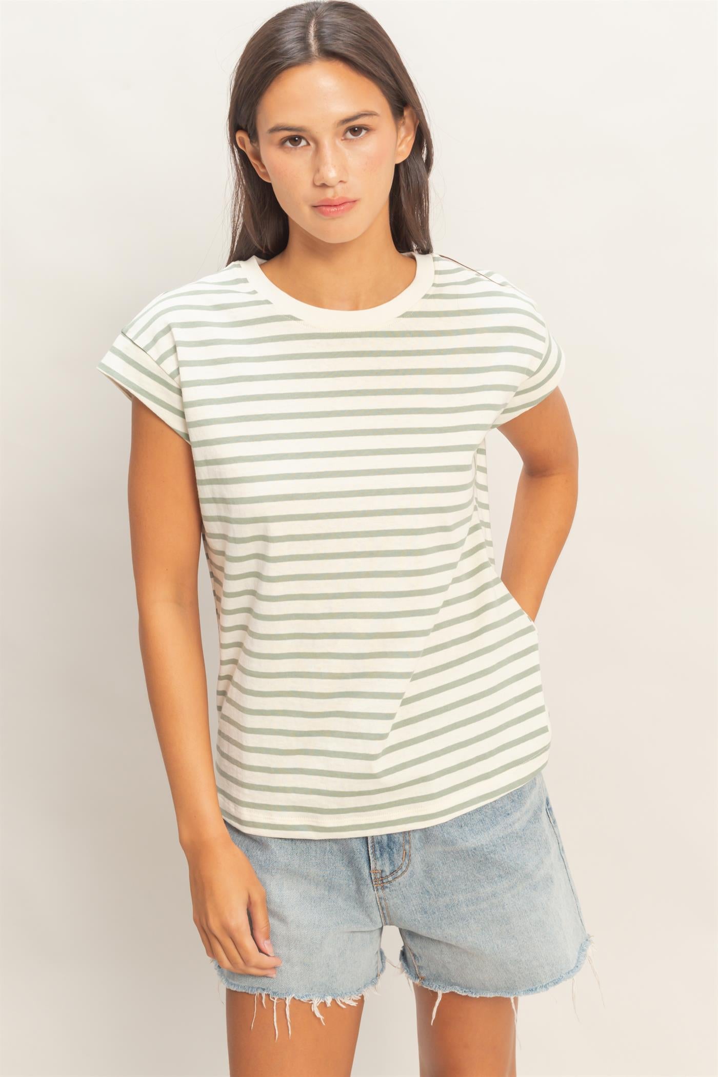 Wholesale Striped Cap Sleeve Relaxed Everyday Tee Clothing Tops DZ26C059 SAGE GREEN DOUBLE ZERO