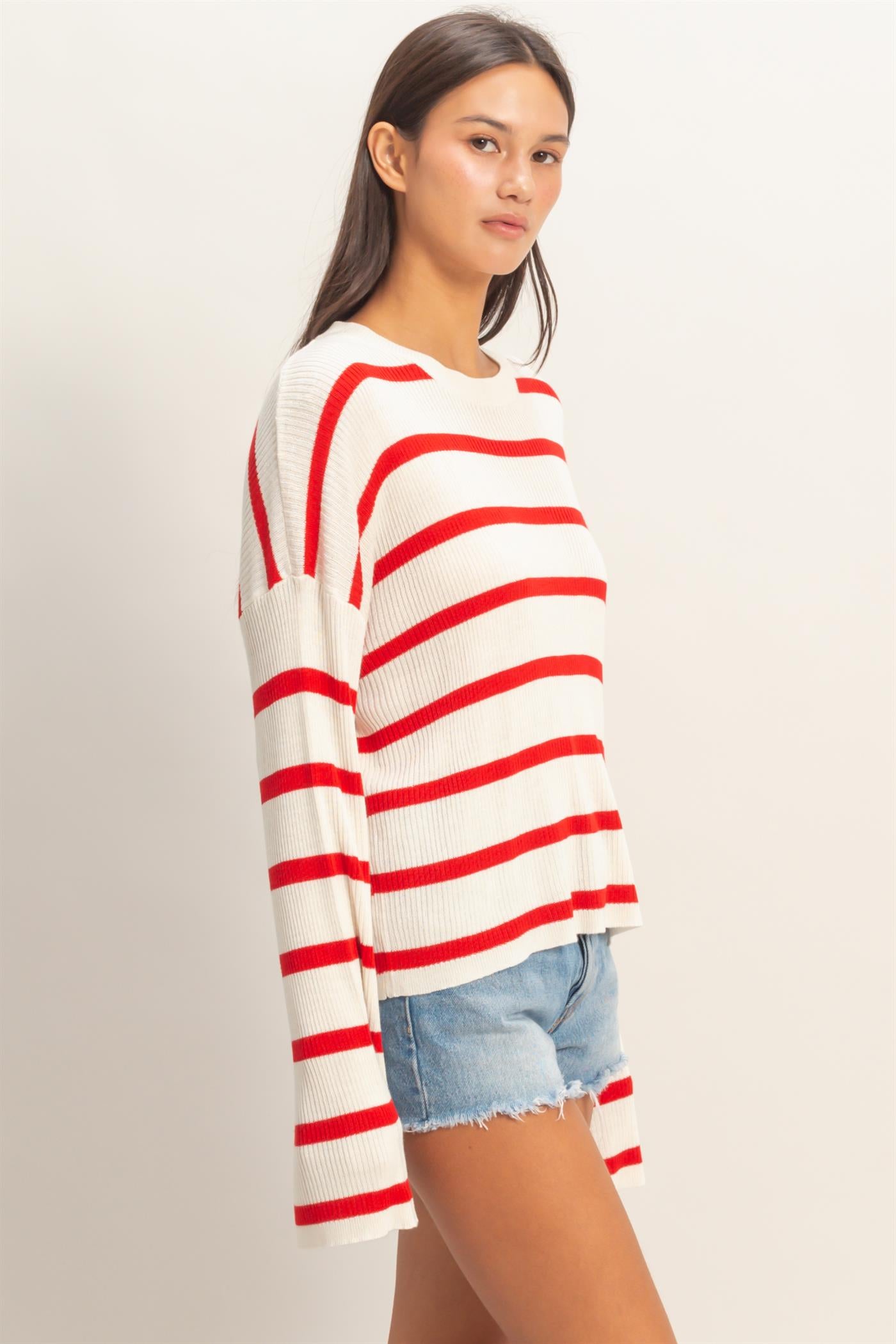 Wholesale Lightweight Wide-Sleeve Striped Sweater Clothing Tops DZ26A329 RED DOUBLE ZERO