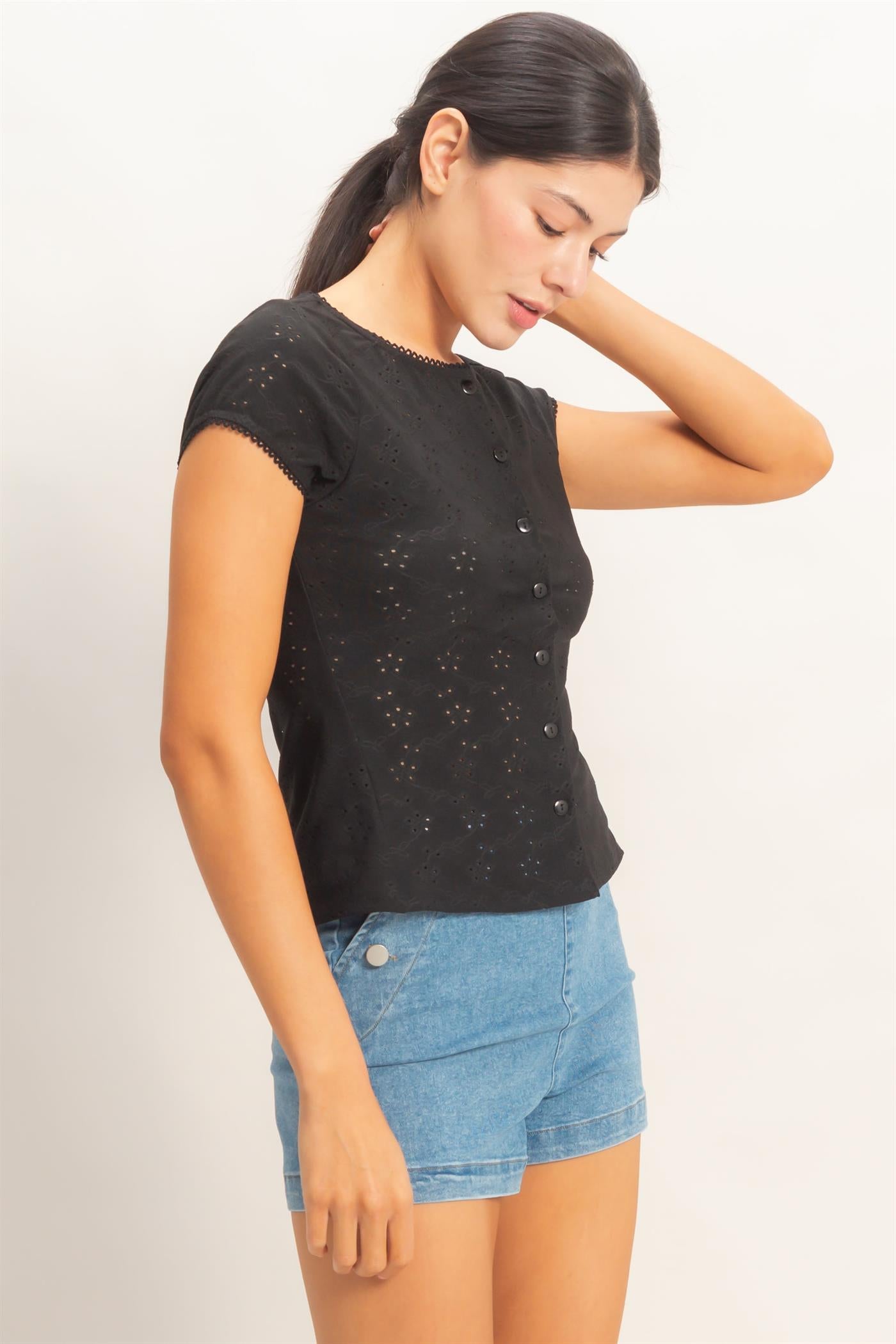 Wholesale Eyelet Button Front Knit Top Clothing Tops HF26C094 BLACK HYFVE