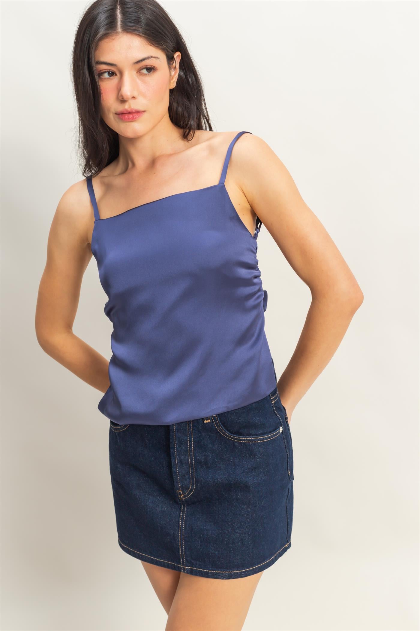 Wholesale Satin Back Tie Detail Sleeveless Top Clothing Tops DZ25C126 DUSTY INDIGO DOUBLE ZERO