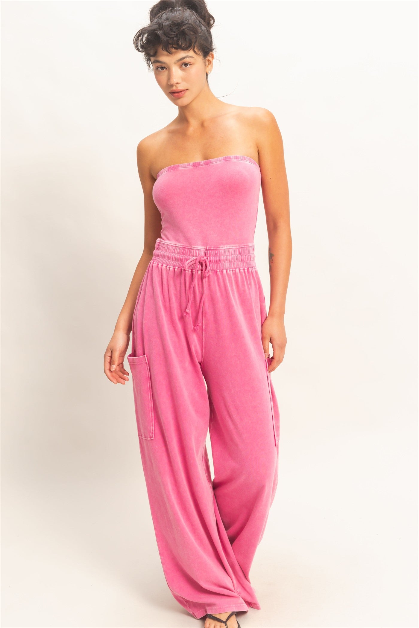 Wholesale Mineral Wash Strapless Wide-Leg Jumpsuit Clothing DZ26C376 FUCHSIA DOUBLE ZERO