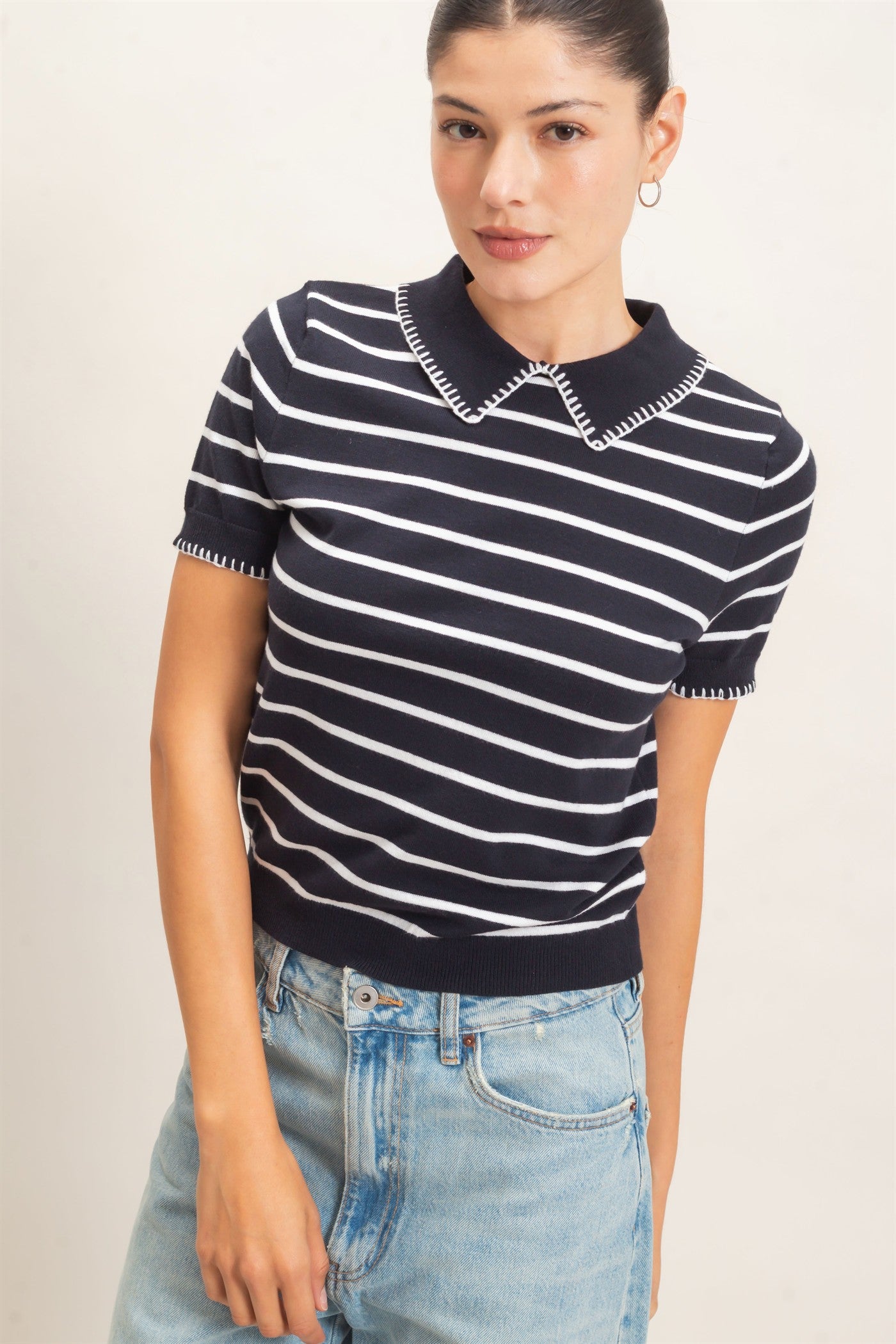 Wholesale Striped Polo Collar Sweater Sweaters HF26E233 NAVY HYFVE