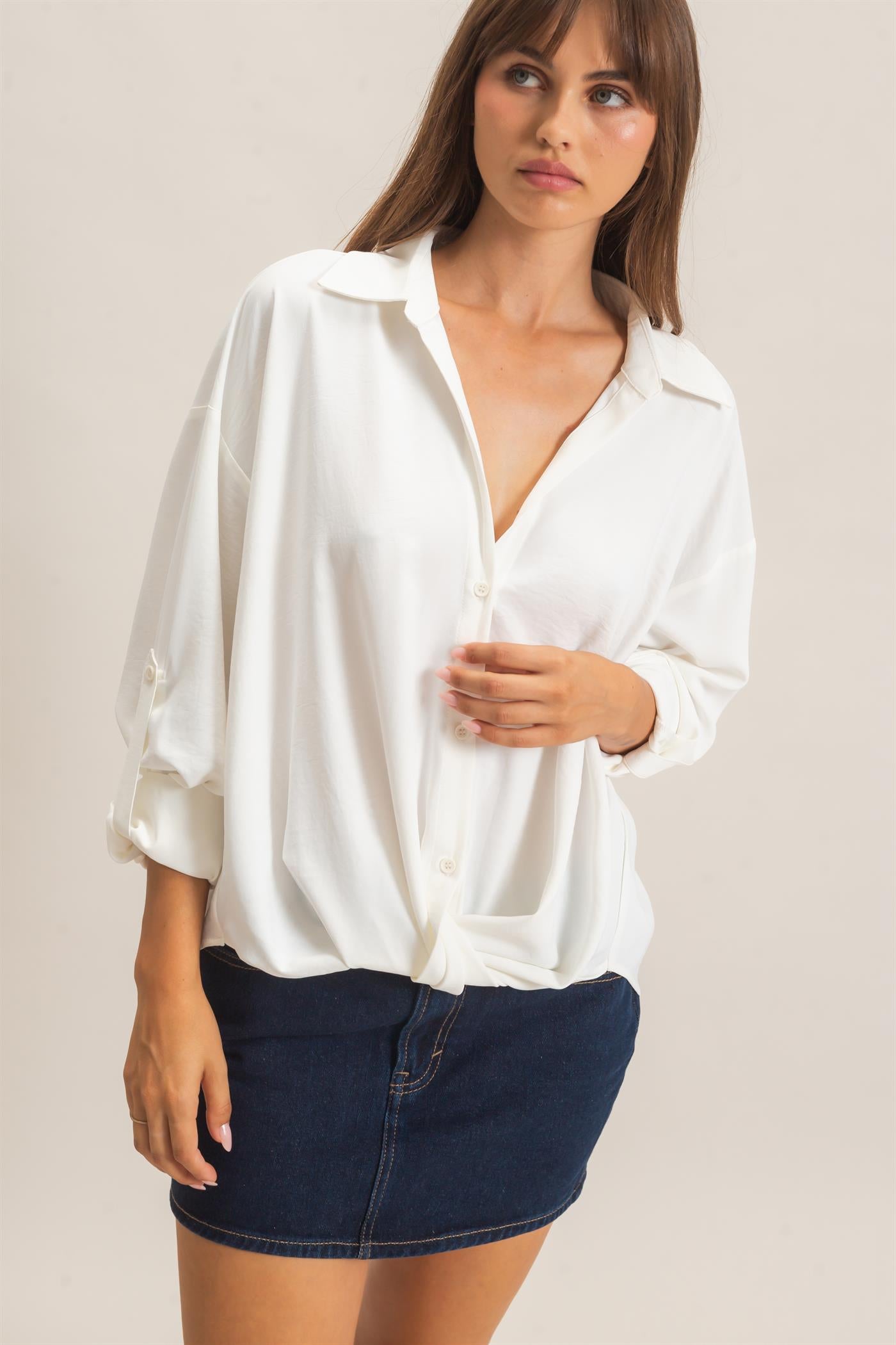 Wholesale Button-Up Dolman Sleeve Top Shirts HF26F070 OFF WHITE HYFVE