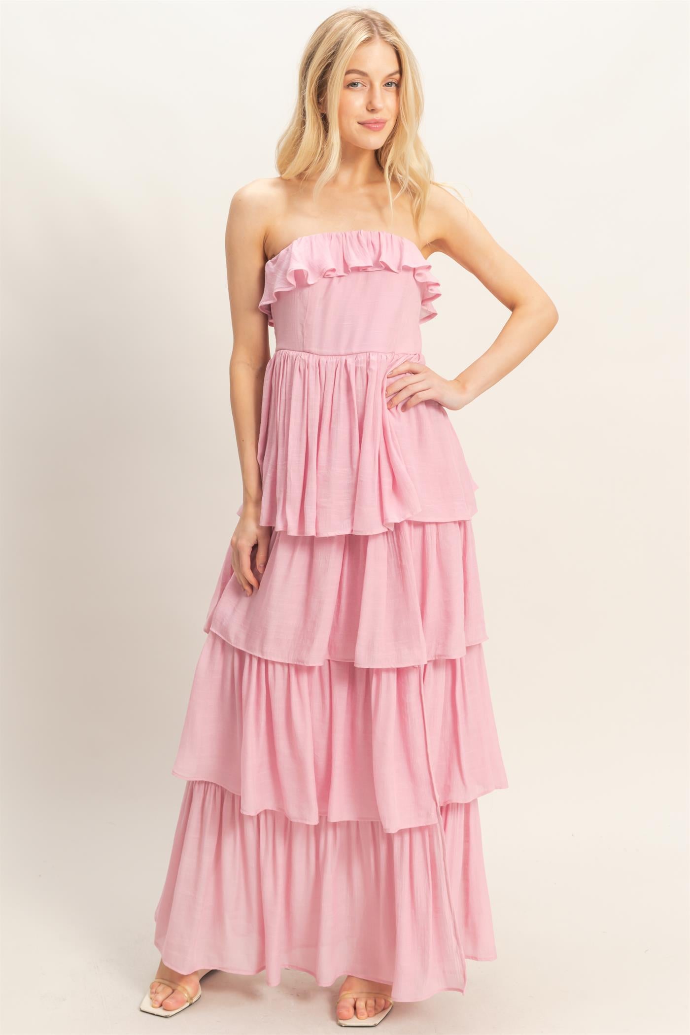 Wholesale Tiered Strapless Ruffle Dress Dresses HF26A616-D PINK HYFVE