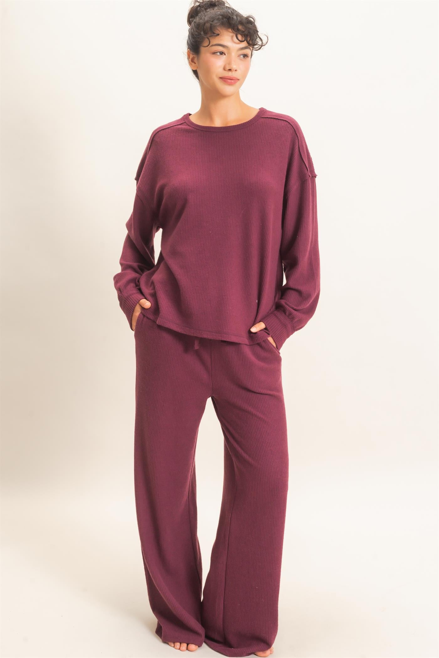 Wholesale Brushed Waffle Drawstring Pants Pants DZ26F313 DARK CHERRY DOUBLE ZERO