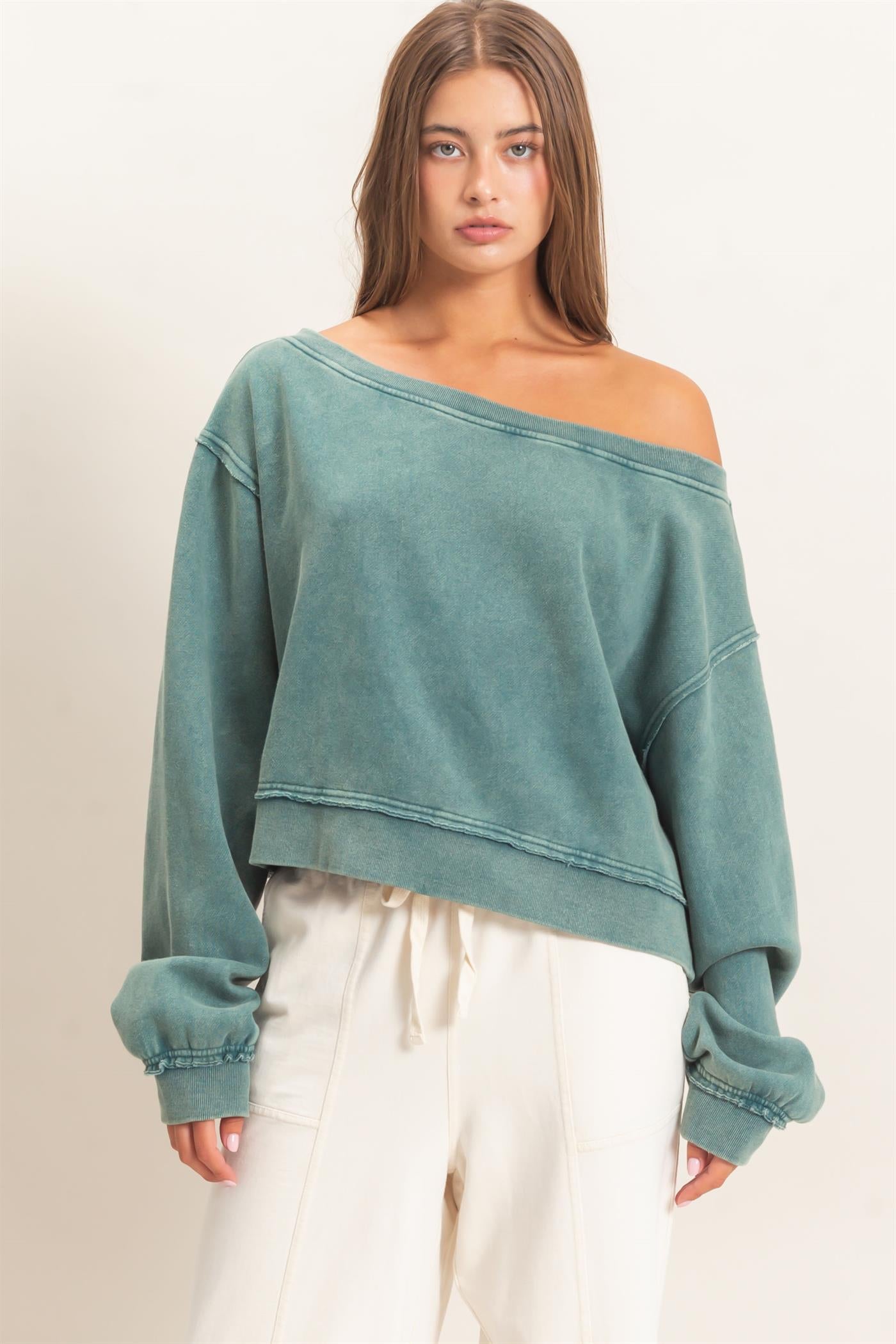 Wholesale Raw Edge Acid Wash Off The Shoulder Sweatshirt Sweatshirts DZ26F013 DARK TEAL DOUBLE ZERO