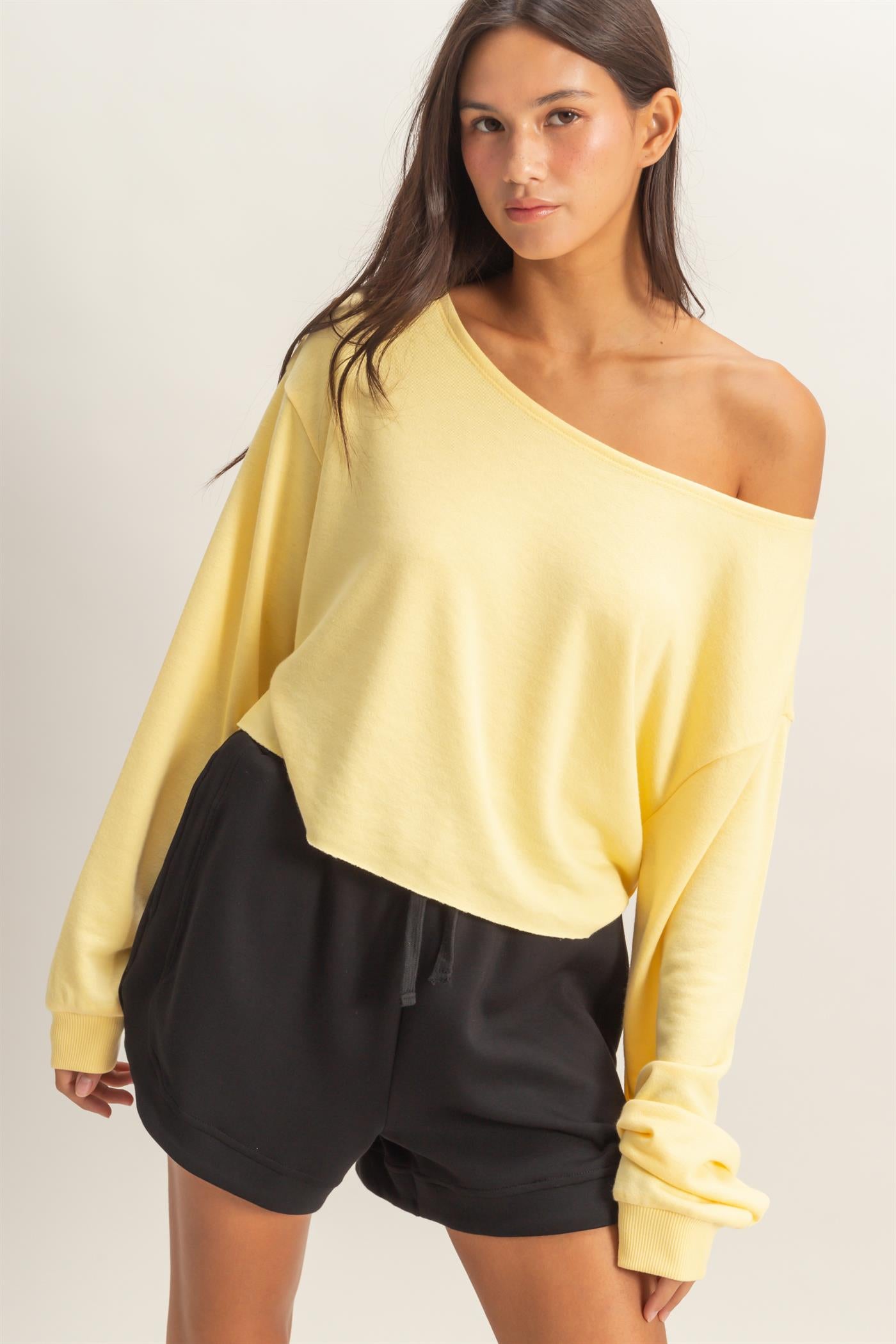Wholesale Casually Cute Boat Neck Long Sleeve Top Clothing Tops DZ25C023 CREAMY YELLOW DOUBLE ZERO
