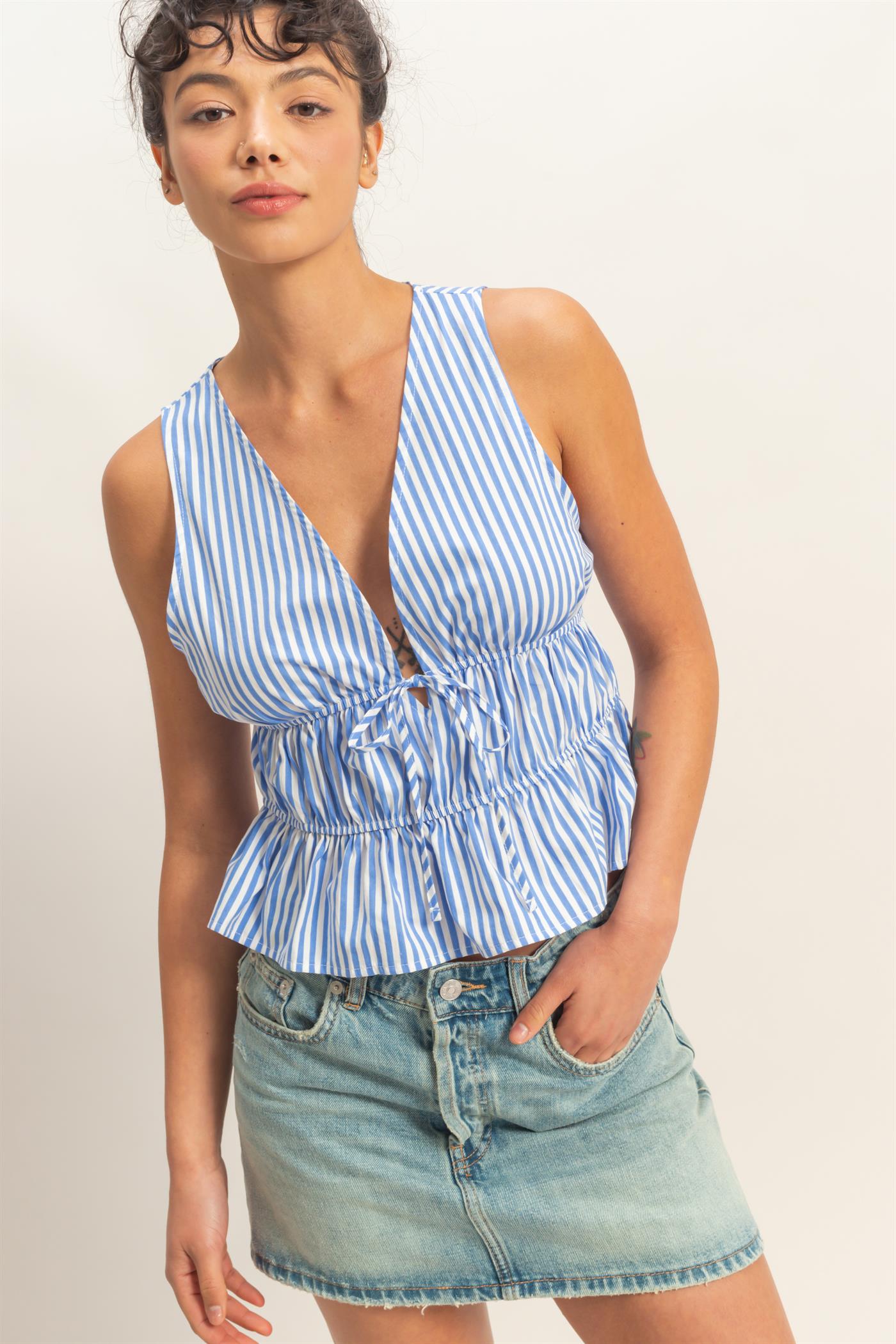 Wholesale Striped Tie Front Peplum Sleeveless Top Clothing Tops DZ26C534 BLUE DOUBLE ZERO