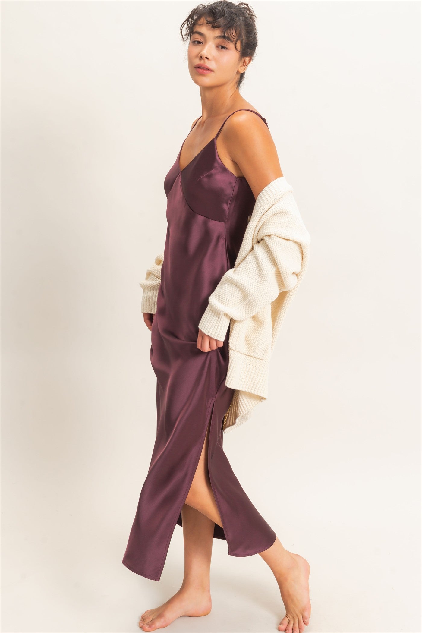 Wholesale Satin V-Neck Slip Dress Dresses DZ26E262 DARK CHERRY DOUBLE ZERO