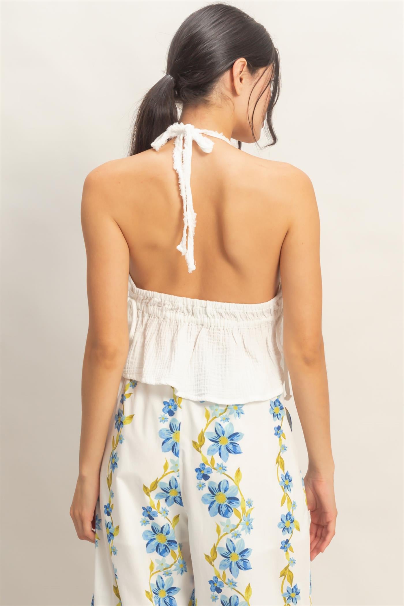 Wholesale Textured Halter Tie Waist Top Clothing Tops HF26C027 OFF WHITE HYFVE