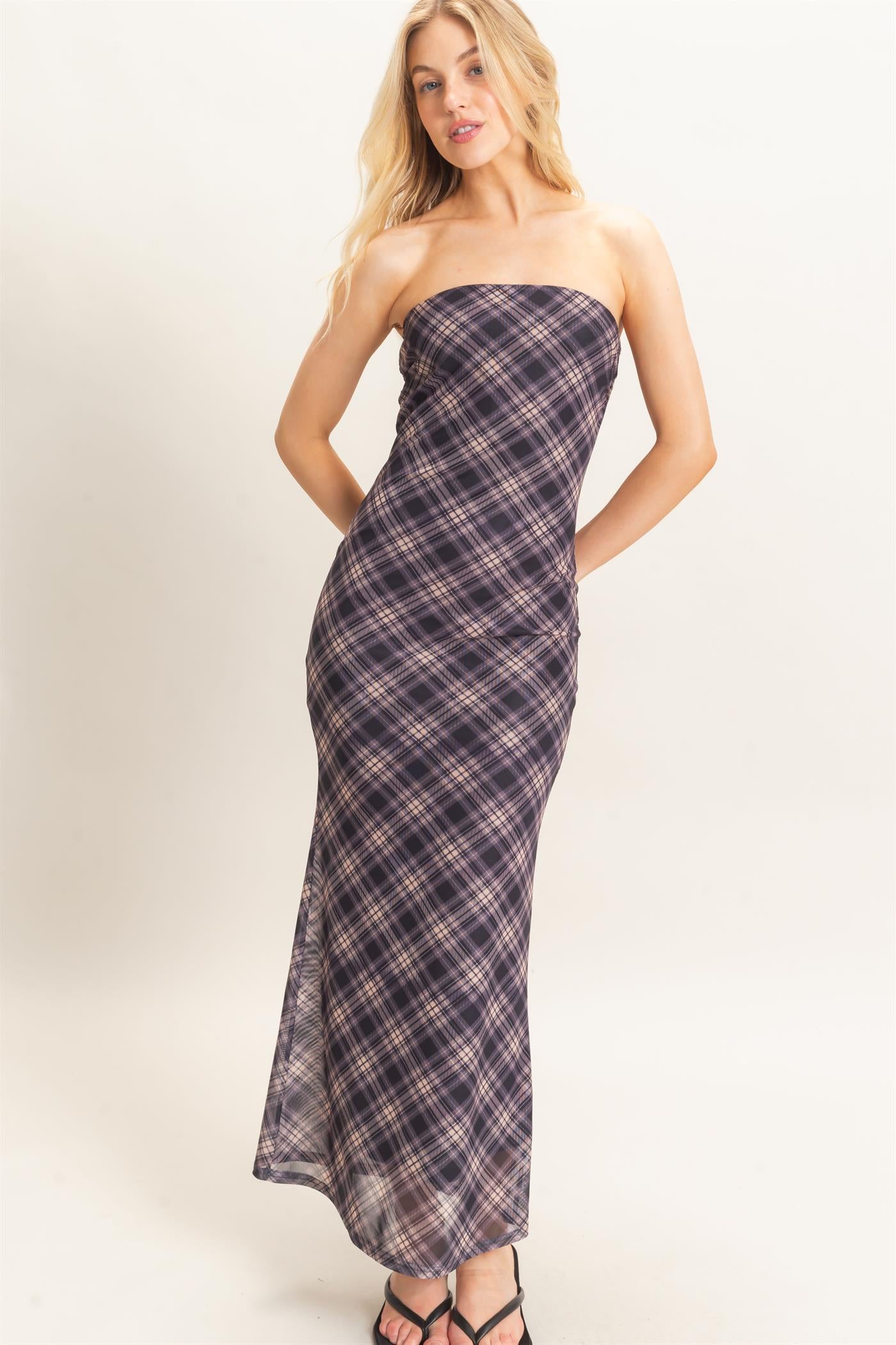 Wholesale Strapless Printed Mesh Maxi Dress Dresses HF26F212 BLACK/PLAID HYFVE