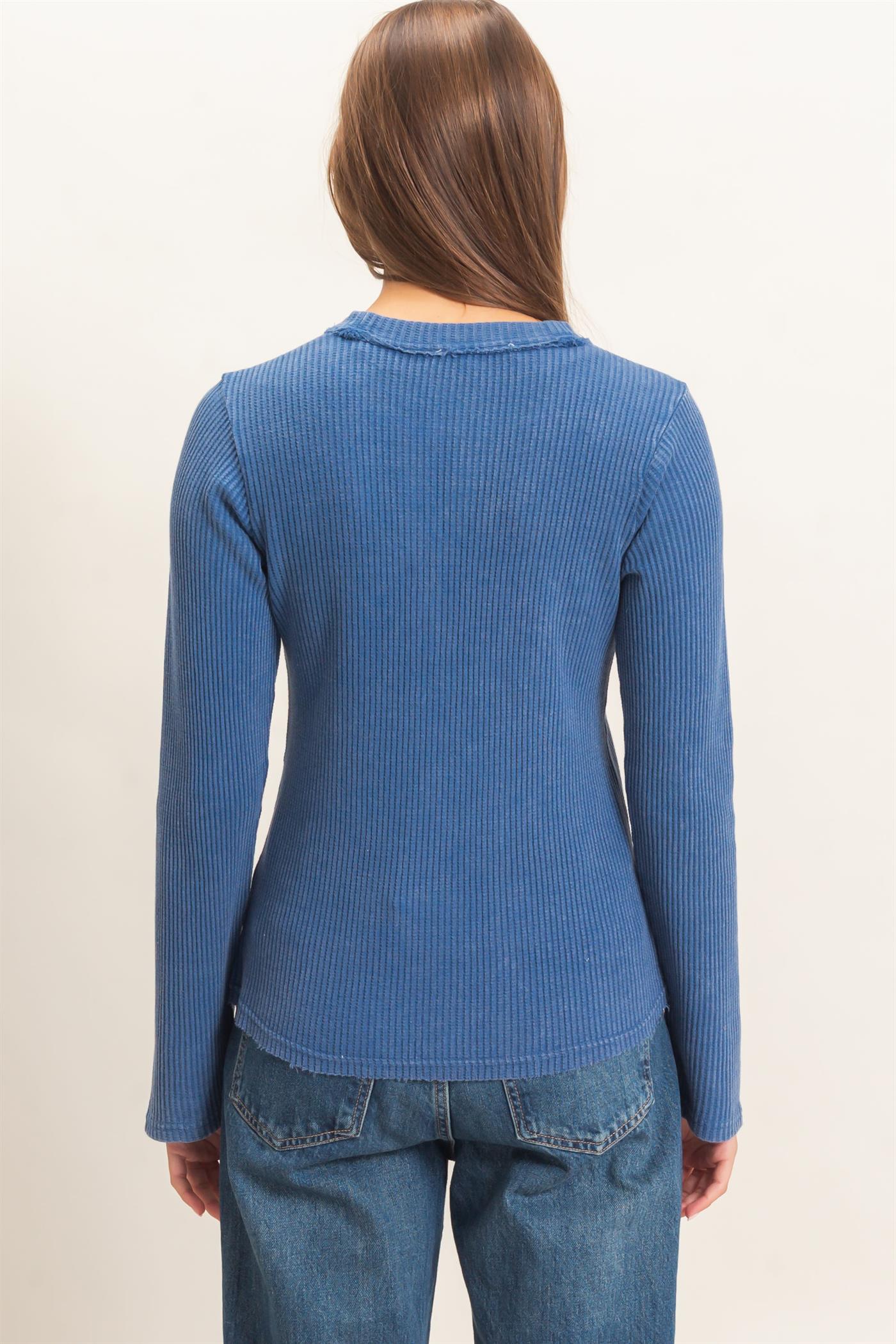 Wholesale Mineral Wash Waffle Henley Long Sleeve Top Clothing Tops DZ26E243 NAVY DOUBLE ZERO