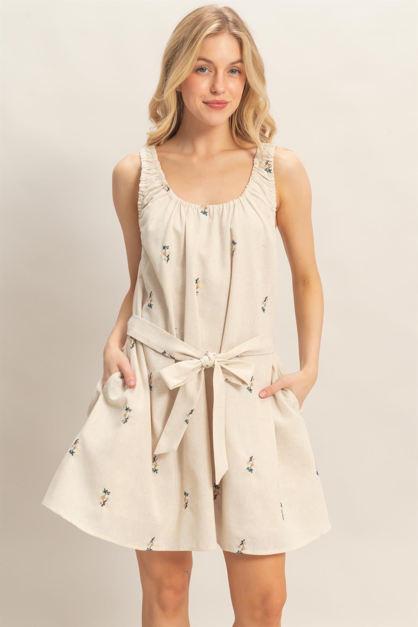 Wholesale Ruched Sleeveless Mini Dress Dresses HF26A786 OATMEAL/GREEN COMBO HYFVE