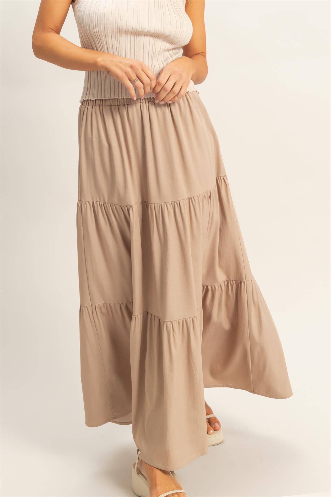 Wholesale Elastic Waist 3-Tier Skirt Skirts HF26E340-D WARM TAUPE HYFVE