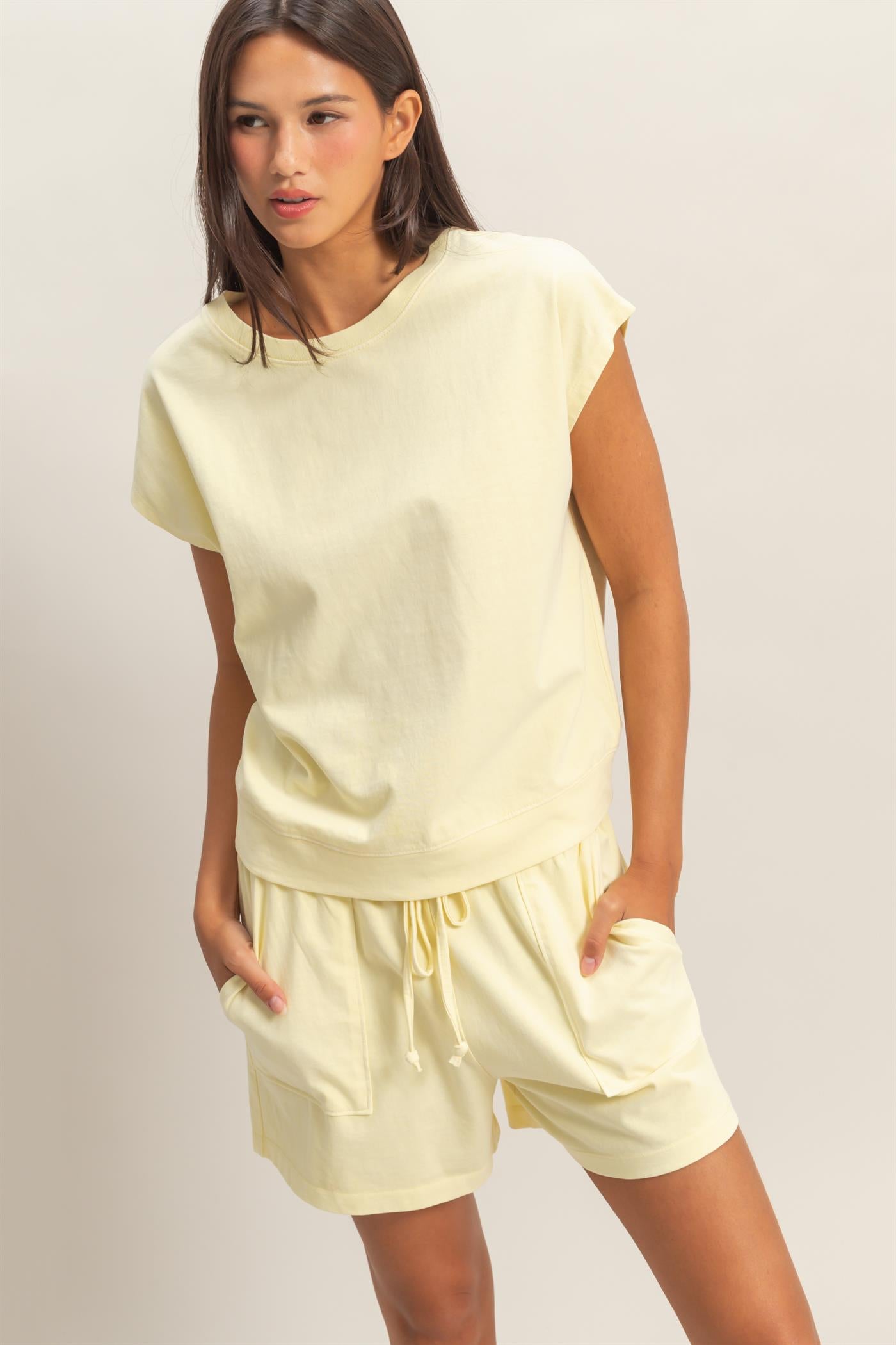 Wholesale Sleeveless Crew Neck Top and Shorts Set Clothing DZ26A028-SET PALE YELLOW DOUBLE ZERO